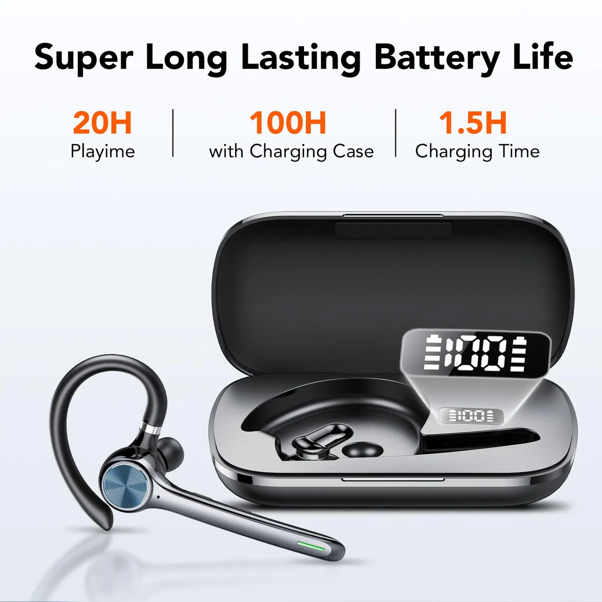 Hoxe Bluetooth Headset,Headset mit mikrofon Bluetooth 6.5 Tage Standby-Zeit,30 Std Sprechzeit mit Ladebox freisprechanlage Bluetooth Ohr V5.3 für Büro und Fahren/Schwarz Pro