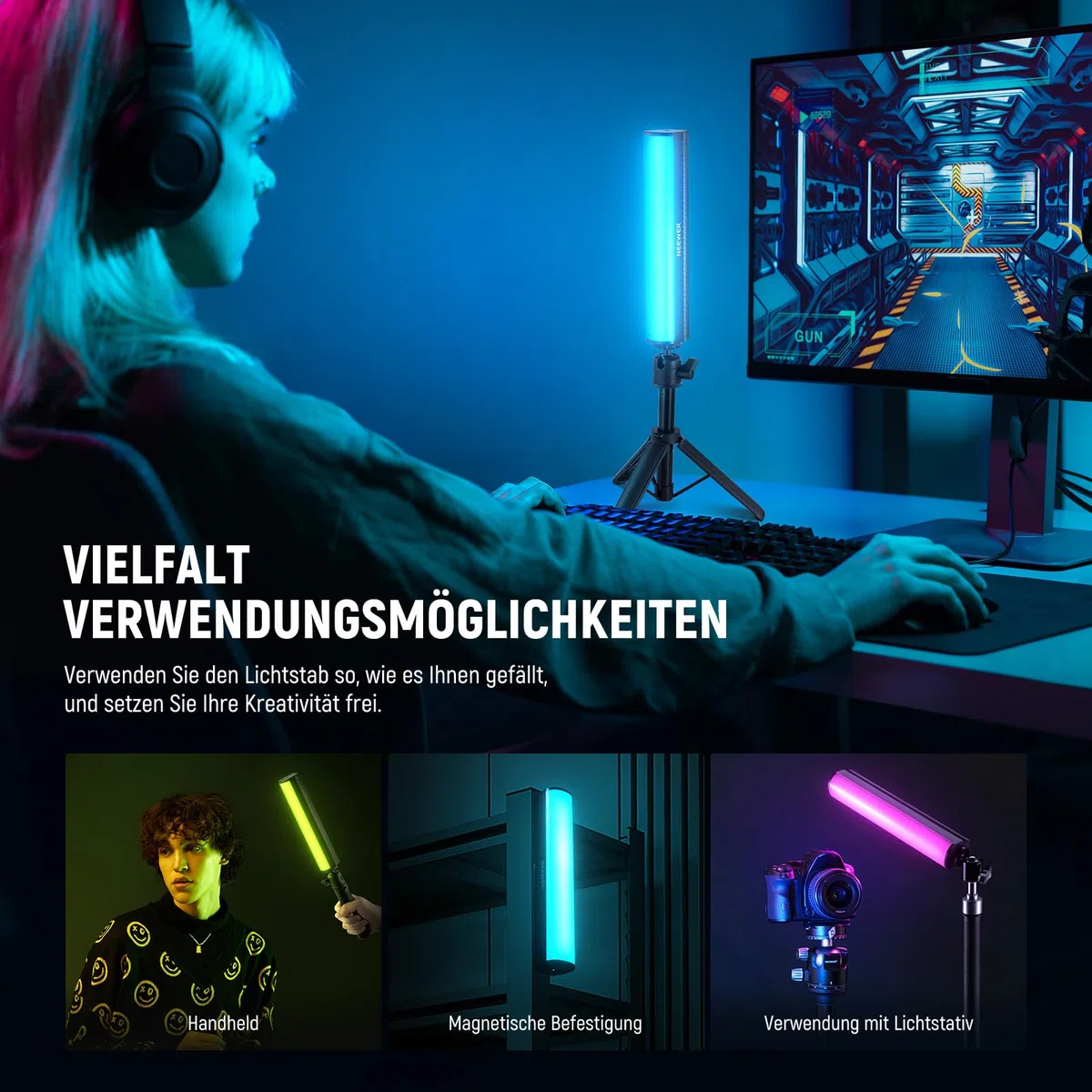 NEEWER RGB Lichtstab mit Tischstativ, magnetischer Hand Fotografie Video Beleuchtungsstab, 2500K-8500K dimmbare CRI95+ Vollfarb LED Röhrenlichtleiste, 2550mAh Akku 17 Szenen für Vlog TikTok, TL20C