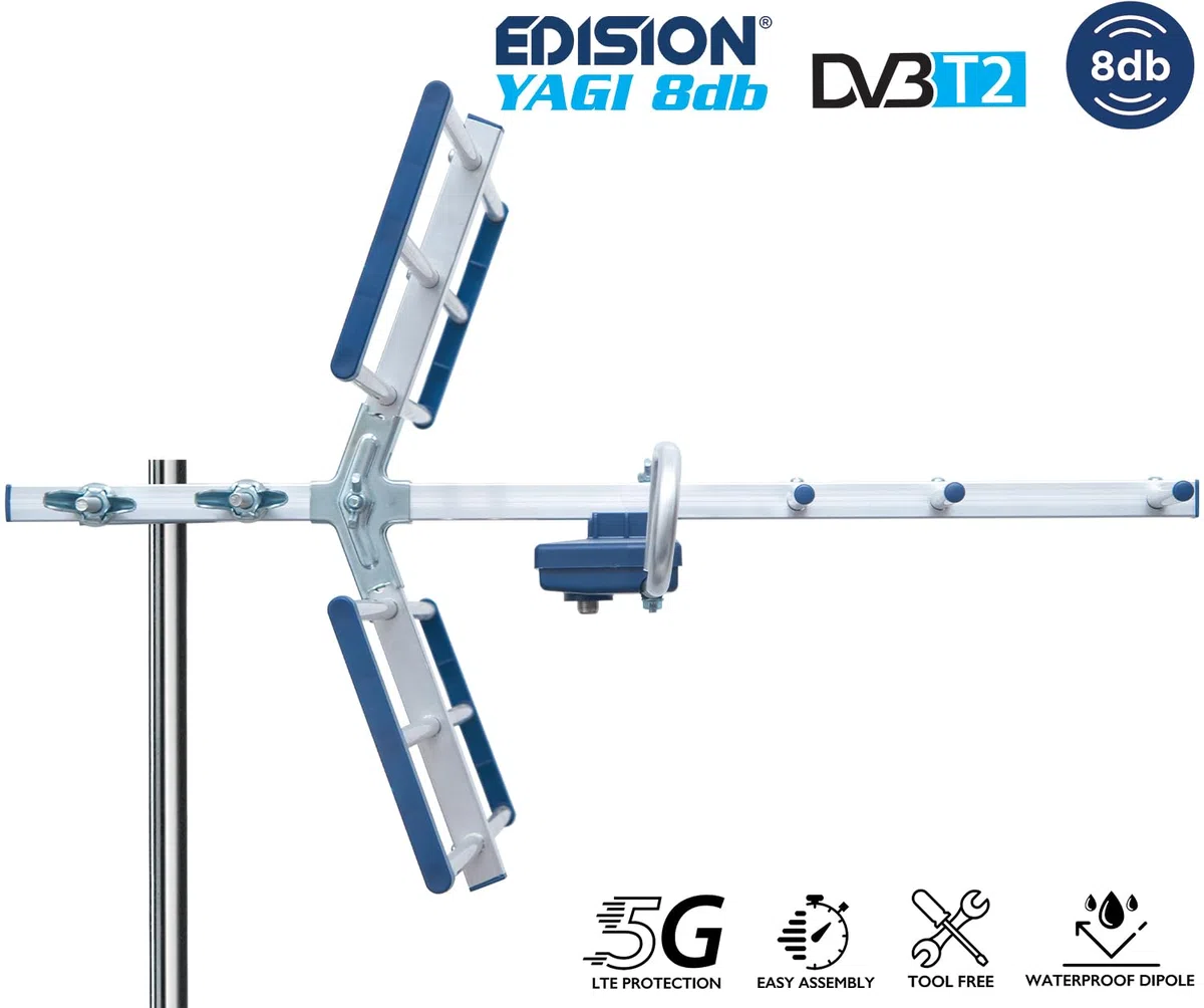 EDISION YAGI 8db Außenantenne Terrestrisch 21-48 UHF, 5G LTE Filter, für den Empfang von digitalen DVB-T/T2 Kanäle, TV Antenne, Frequenzbereich 470-694Mhz, Länge 47cm, LTE700, Blau
