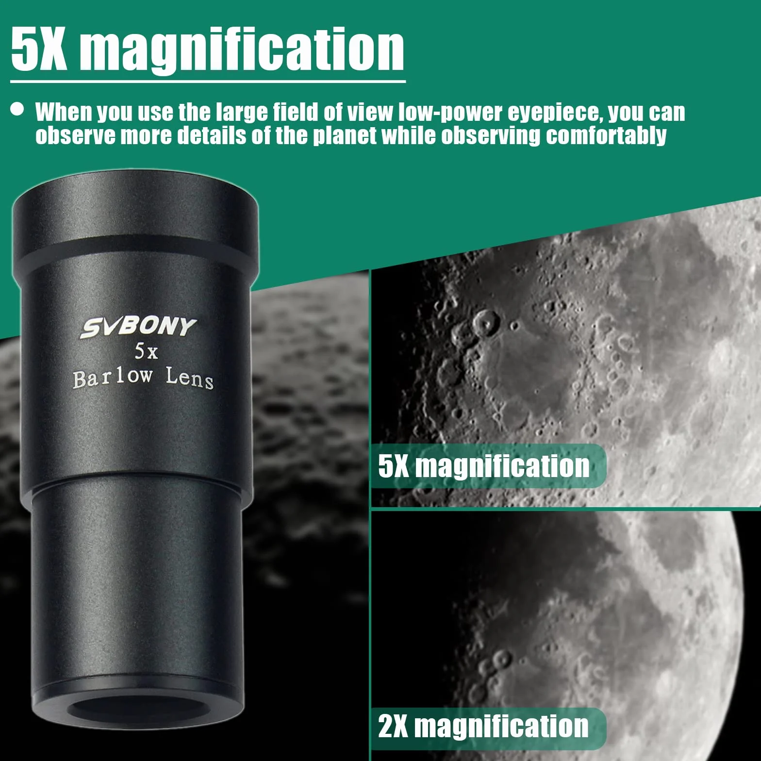 Svbony Barlowlinse 5X mit Okular Teleskop 4mm, Aluminiumlegierung Barlow und 62 Grad Weitwinkel Okular,1,25 Zoll Full Multi Coated Teleskop Zubehör für Planetenbeobachtung