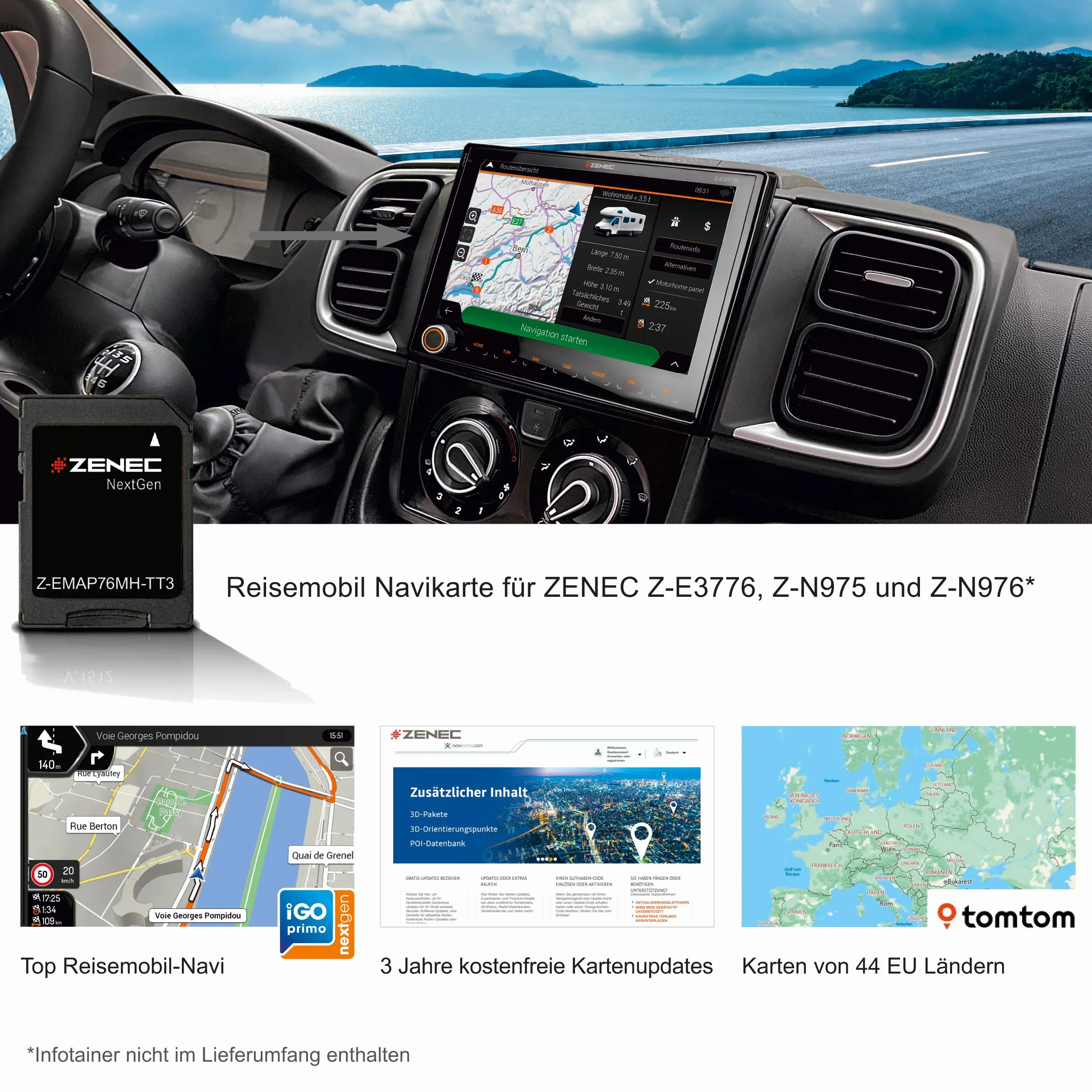 ZENEC Z-EMAP76MH-TT3 – Micro SDHC-Karte mit Reisemobil Navigation für ZENEC Infotainer Z-E3776, Z-N1000, Z-N975 und Z-N976, 3-D Karten für Europa, Camping P.O.I. für Wohnmobile, TMC