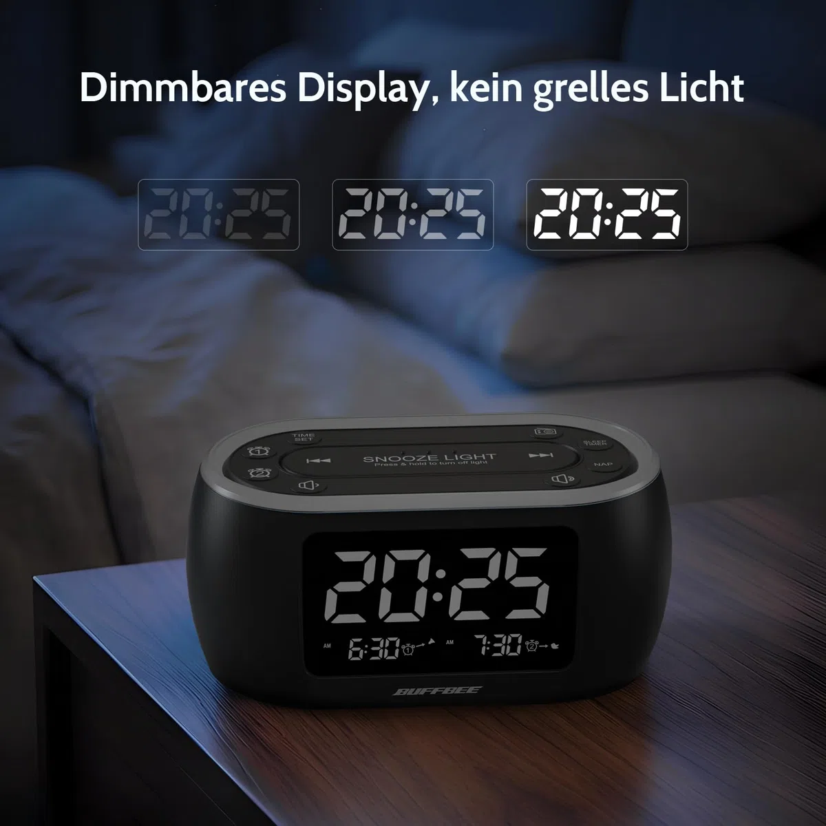 BUFFBEE Radiowecker mit Dualalarm und FM Radio, Digitaler Wecker mit 7 Farben Nachtlicht und 0-100% dimmbarem Display, 3 Wecktöne, für Schlafzimmer und Nachttisch