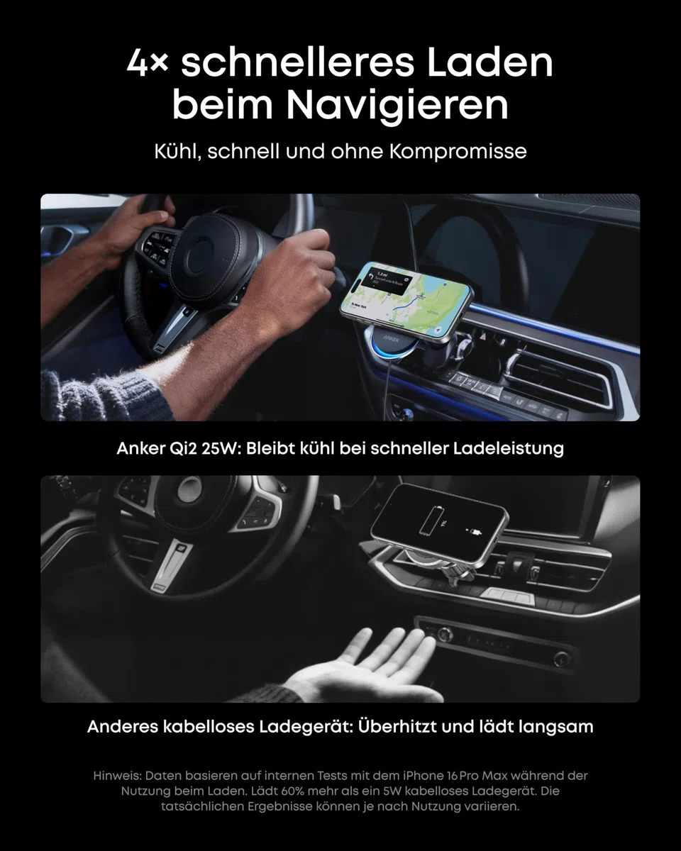 Anker Prime Magsafe Kfz-Ladegerät, Qi2 25W zertifiziertes kabelloses Autoladegerät mit TEC-Aktivkühlung, Starke Magnete, Lüftungshalterung für iPhone 17–12 (Lüftungskompatibilität prüfen), 60W Adapter
