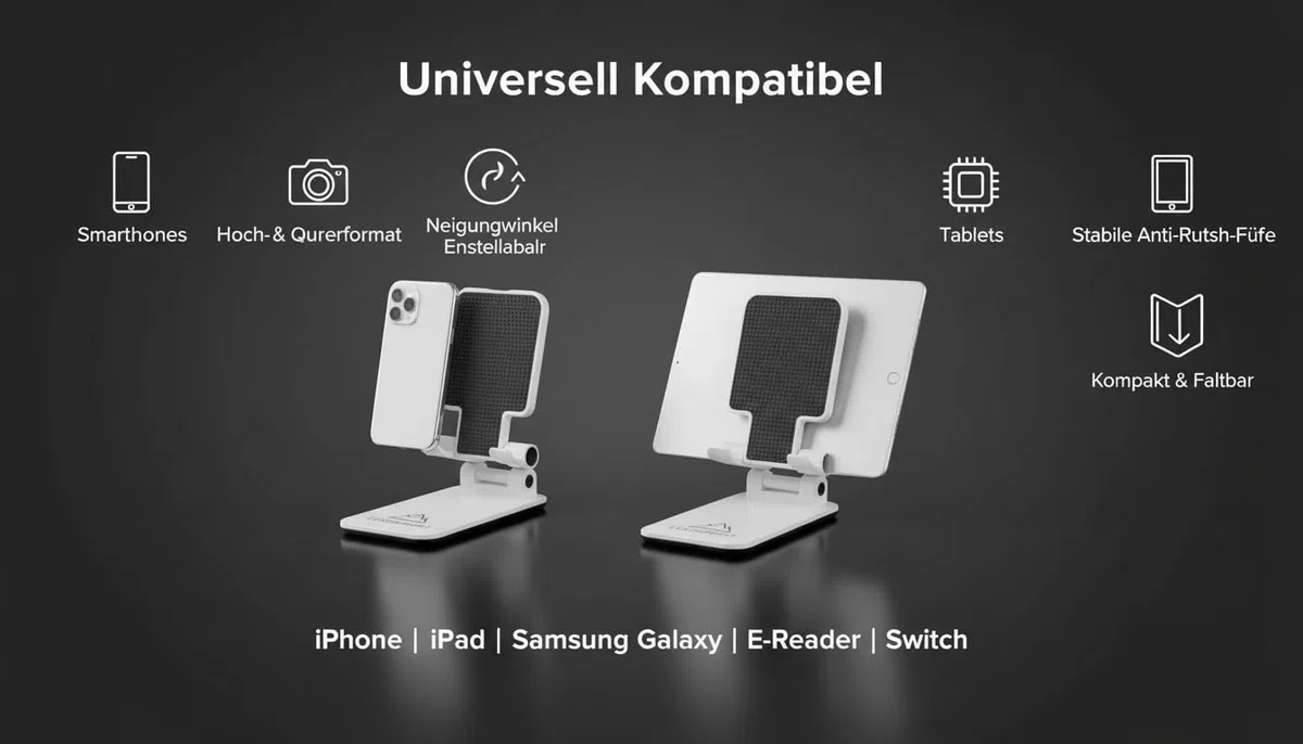 Phone Stand Pro – Faltbare Smartphone Halterung für Schreibtisch & Reise – Extrem stabil, rutschfest & Kompatibel mit iPhone, Samsung, Google & Tablets – Ideal für Videocalls & Home-Office