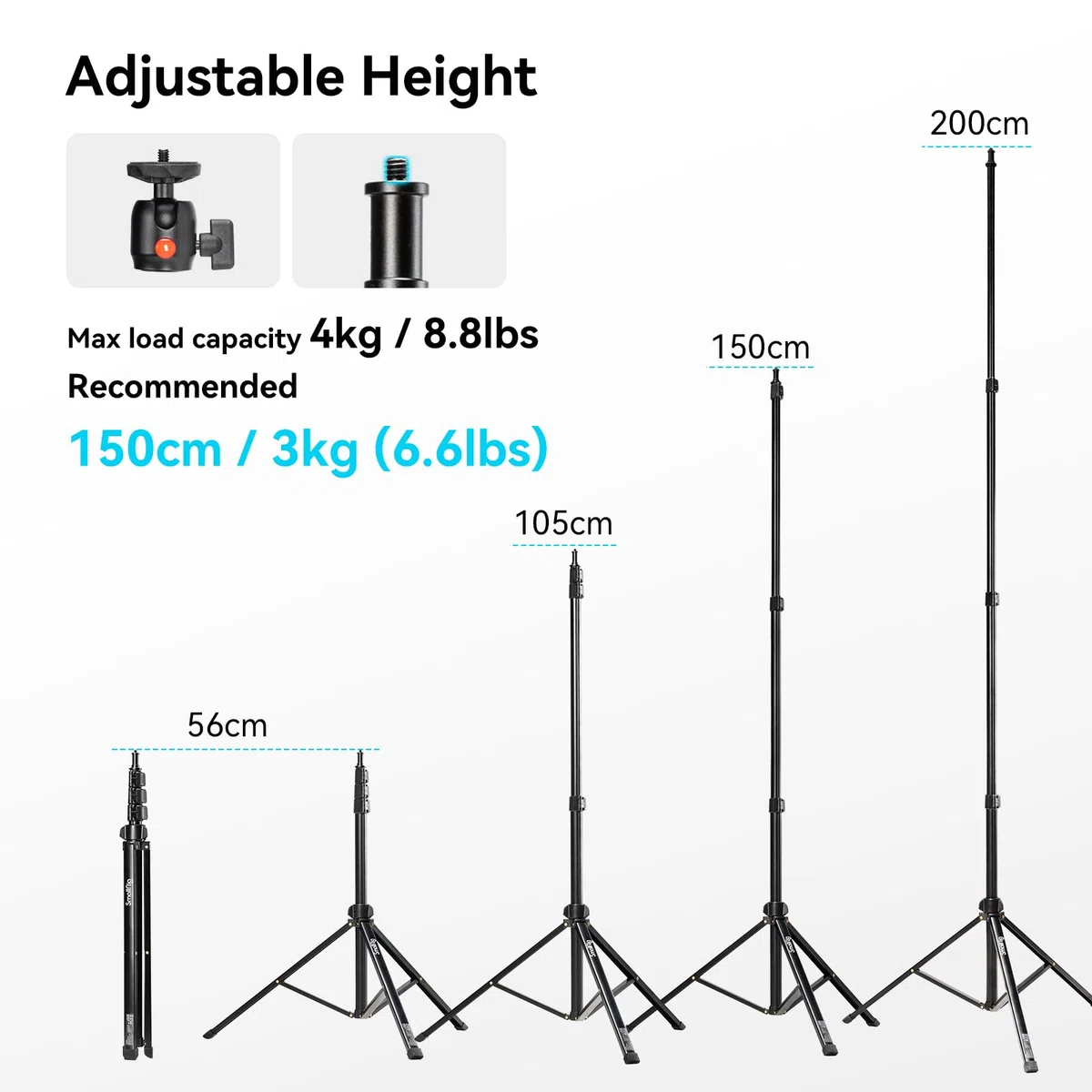 SMALLRIG 78.7" / 200cm Light Stand, Tragbare Fotografie-Stativ, Ideal für Reflektoren Softboxen Studio-Leuchten Regenschirme Ringlicht, Max Last 4kg, Gefaltet Größe 56cm, RA-S200-4379