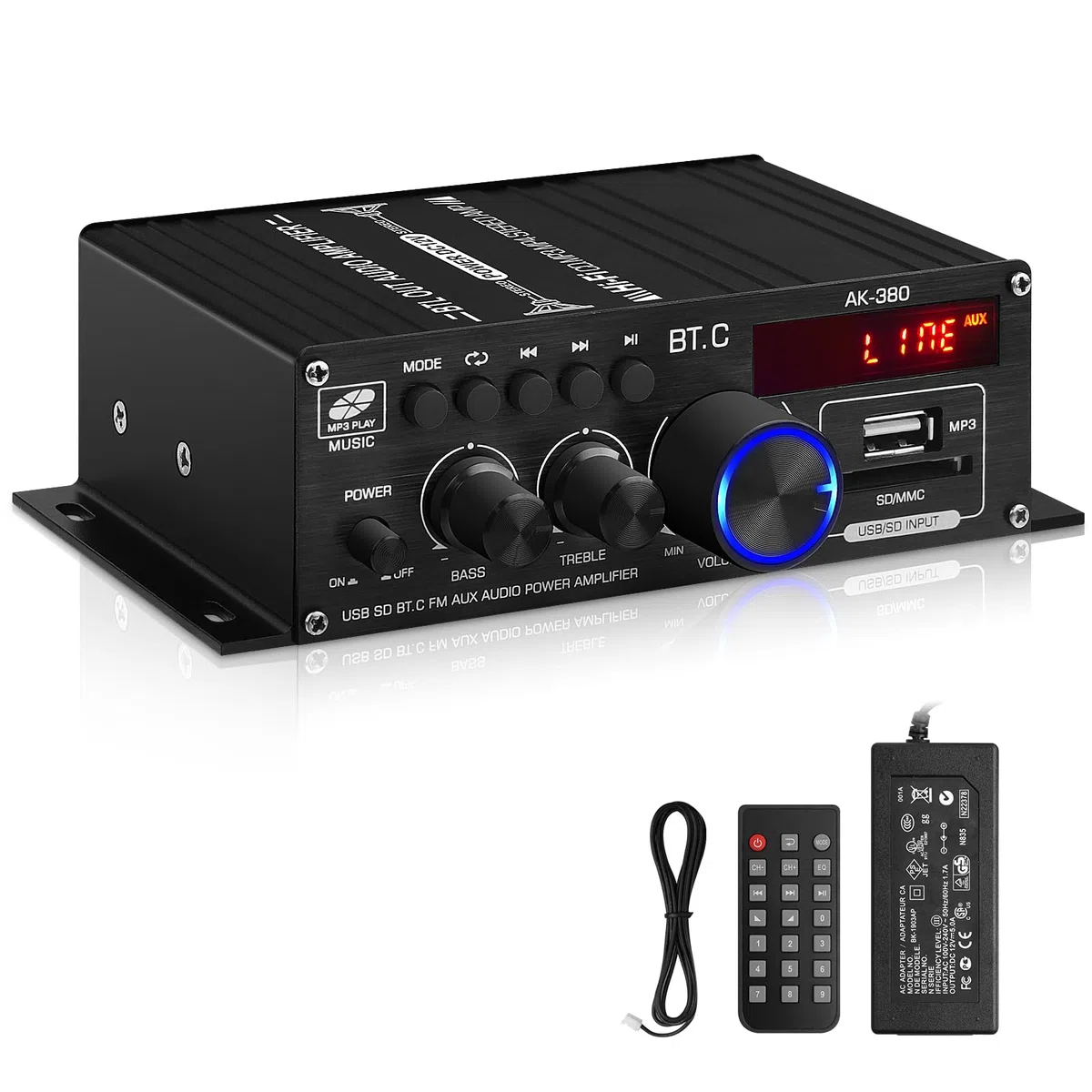 AK-380 Bluetooth 5.0 HiFi Verstärker 2.0-Kanal 40W x 2 Max. 400W Mini Verstärker Stereo Audio Leistungsverstärker-Empfänger mit USB SD Slot, UKW-Radio für Auto und Heimlautsprecher