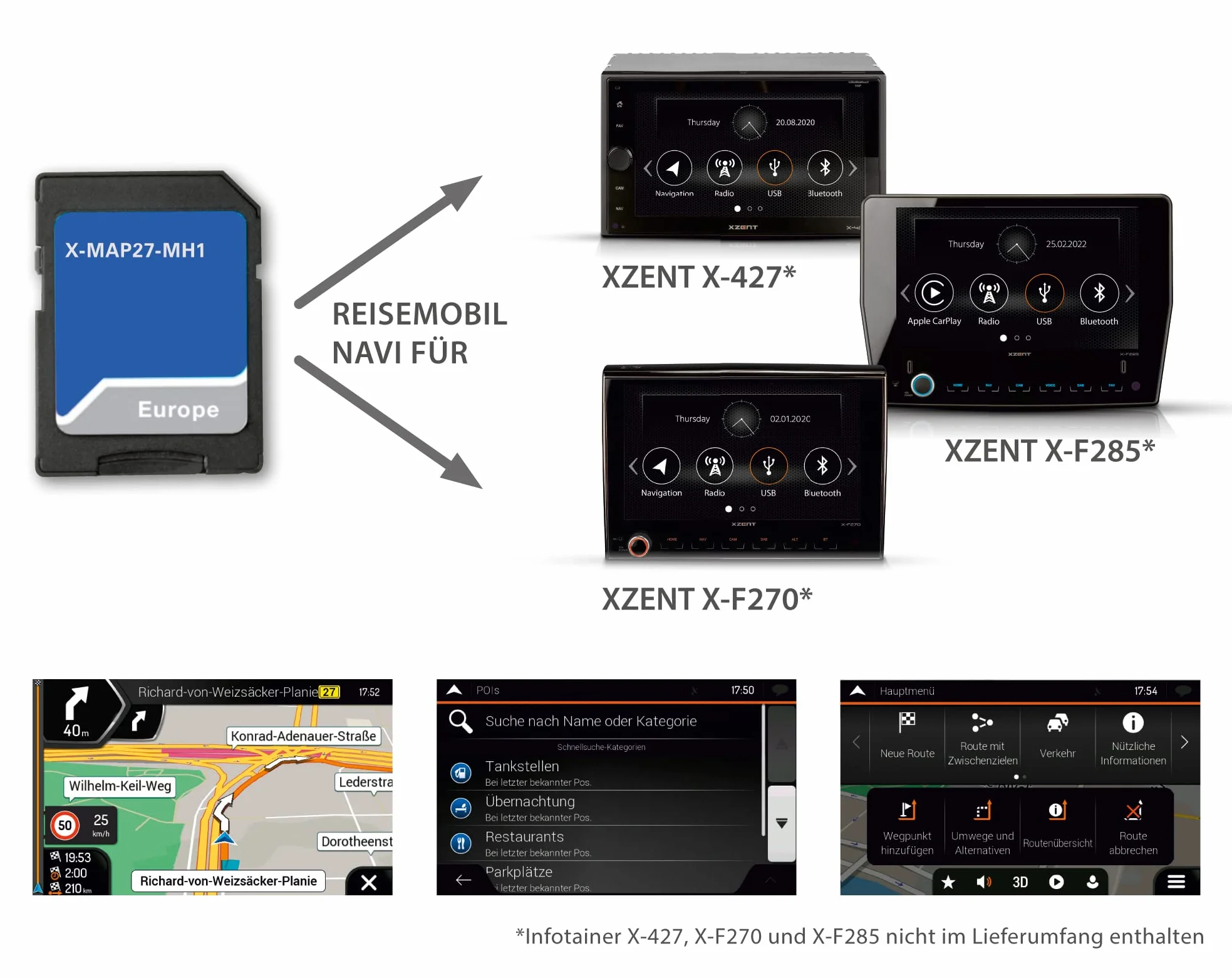 X-MAP27-MH1: Micro SD-Karte mit Reisemobil Navigation für XZENT X-427, X-F270 und X-F285, Karten für Europa, Camping P.O.I. Paket, 1 Jahr kostenfreie Kartenupdates