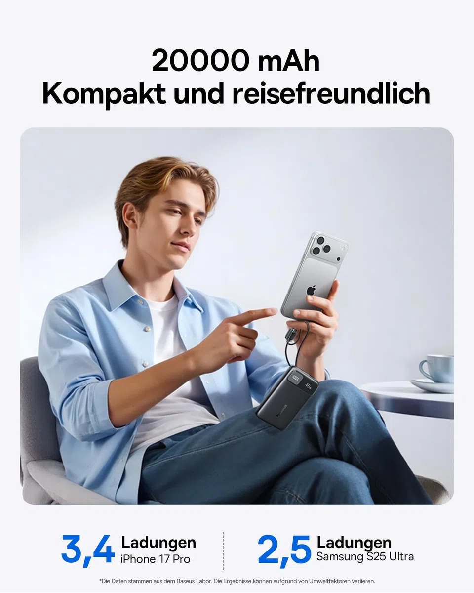 Baseus FC11 Powerbank 45W 20000mAh mit 2 Integriertem USB-C Kabel, Power Bank Klein CCC Zertifizierung mit LED Display, Externe Handyakkus Mini für iPhone 17/16/15/14 Pro Max, iPad, Samsung, Schwarz