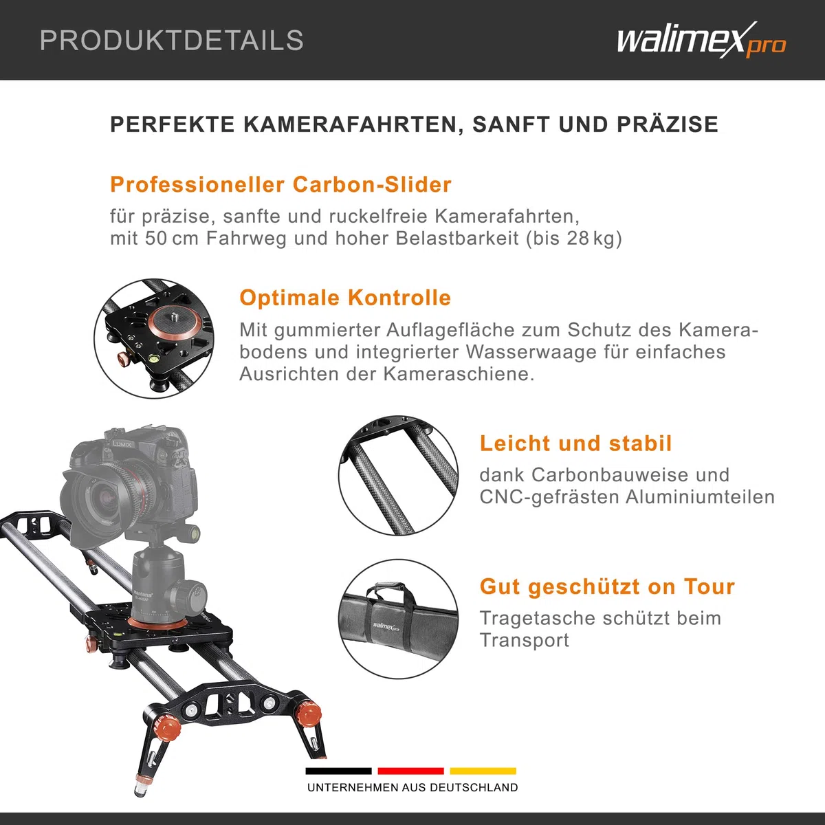 Walimex Pro Carbon Video Slider Pro (80 cm, ruckelfreie Kamerafahrten, inklusiv Transporttasche und Wasserwage) schwarz
