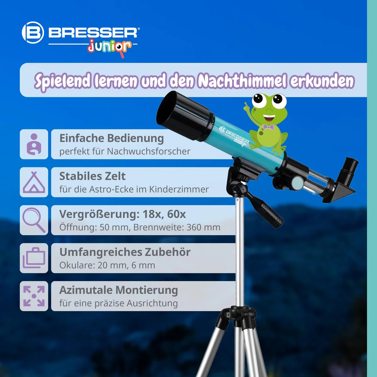 Bresser Junior Linsenteleskop 50/360 für Kinder - Astronomie Einsteigerset mit Zelt, Refraktor Teleskop, Stativ, Azimutale Montierung, Okulare und Zenitspiegel ,blau