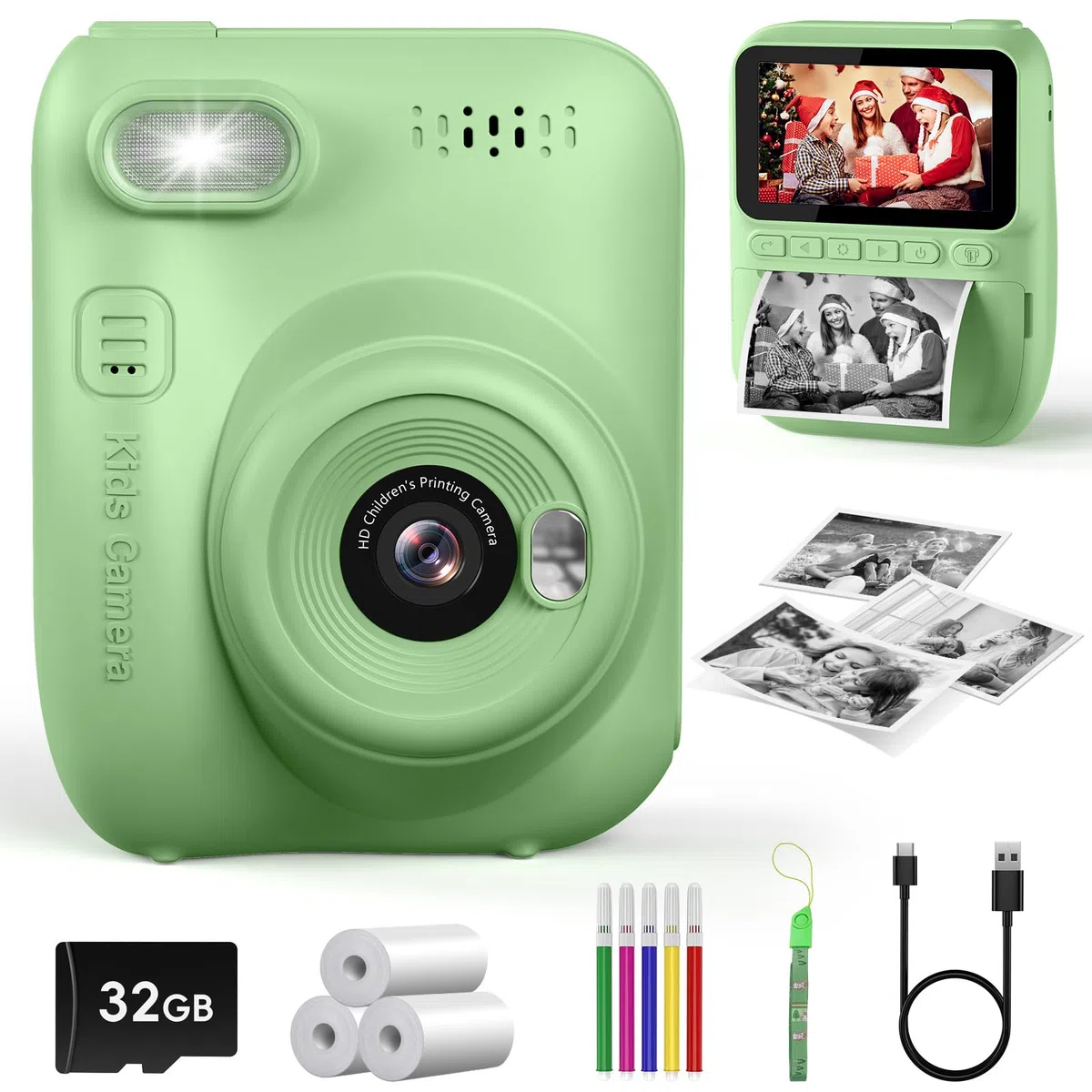 Kinderkamera Sofortbildkamera 3,0 Zoll 1080P Digitalkamera mit Druckerpapier & 32GB Karte für 3-10 Jahre (Grün)