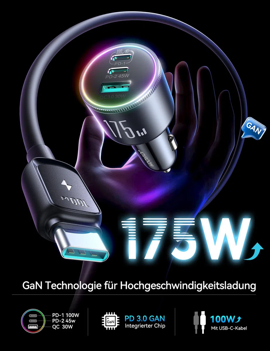JOYROOM 175W 3-Port Zigarettenanzünder USB C mit 100W C-C Kabel, [3 GaN Chips] Auto Ladegerät Adapter, PD100W & QC3.0 Schnell Kfz Ladegerät für iPhone17/16/Samsung S26/Smartphone/iPad/MacBook/Laptop