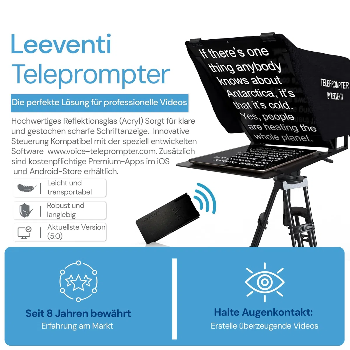 Teleprompter Kompatibel mit iPad, Tablet, Smartphone und DSLR Kamera, Steuerung per Fernbedienung oder App Kompatibel mit Android und IOS, Ideal für Videoaufnahmen (Version 5.0)