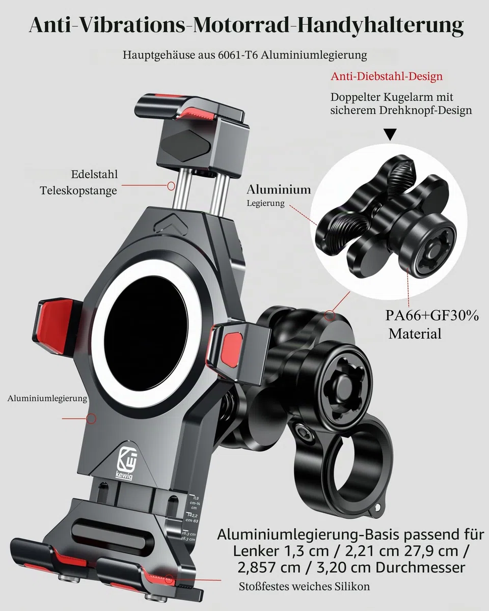 BRCOVAN Aluminiumlegierung Motorrad Handyhalterung mit Vibrationsdämpfer, Diebstahlsichere Handy Motorradhalterung, Verstellbar Lenker Handyhalter für Fahrrad, Roller, ATV, für 4,7-7,2 Zoll Smartphone