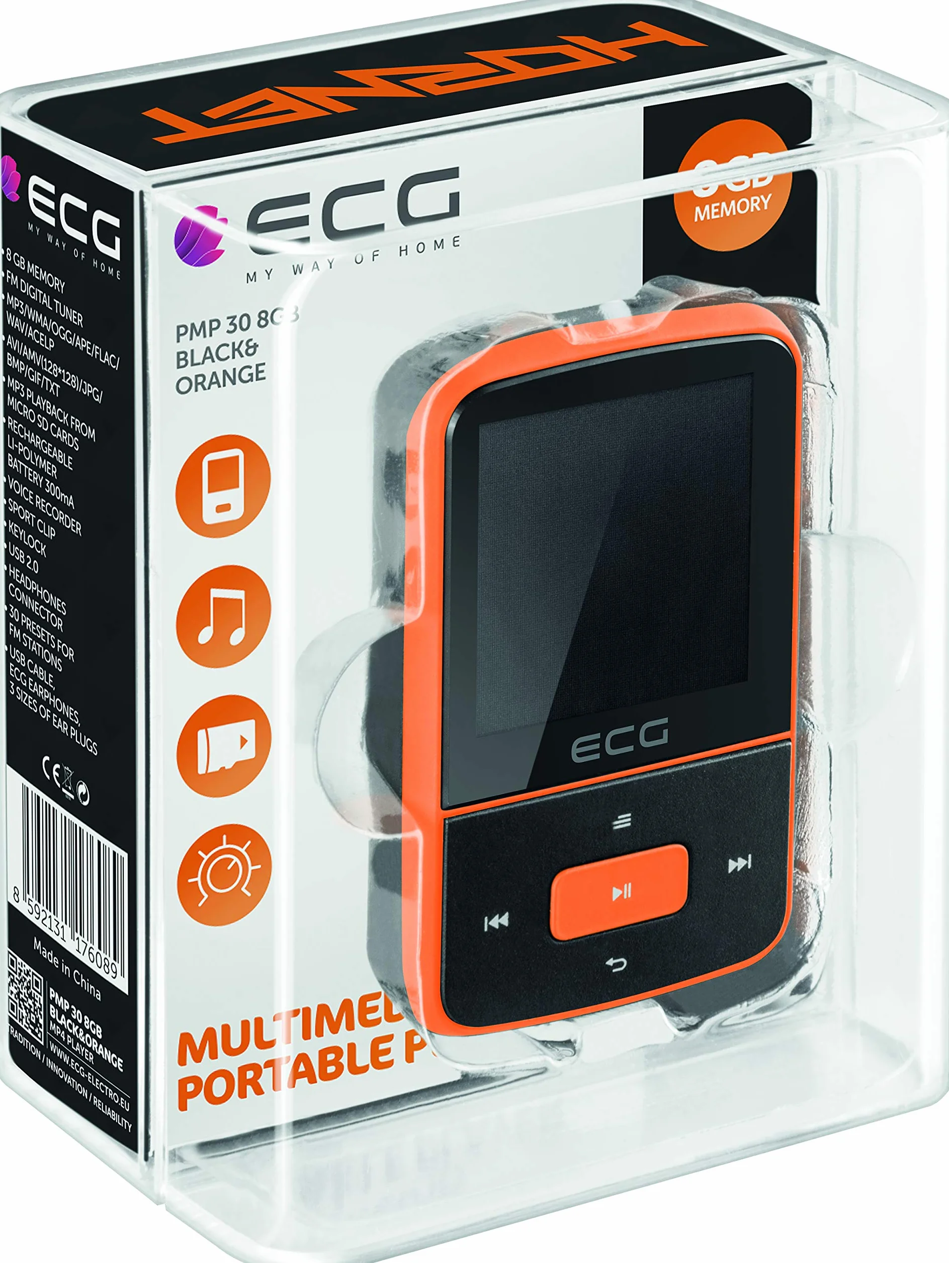 ECG PMP 30 8GB Black&Orange MP3/MP4-Player – Speicher 8 GB; 30 Vorwahlen für FM-Sender; MP3 von der Micro SD-Karte; Diktiergerät; Sportclip; Tastensperre; USB 2.0; In-Ear-Kopfhörer der Prämienreihe