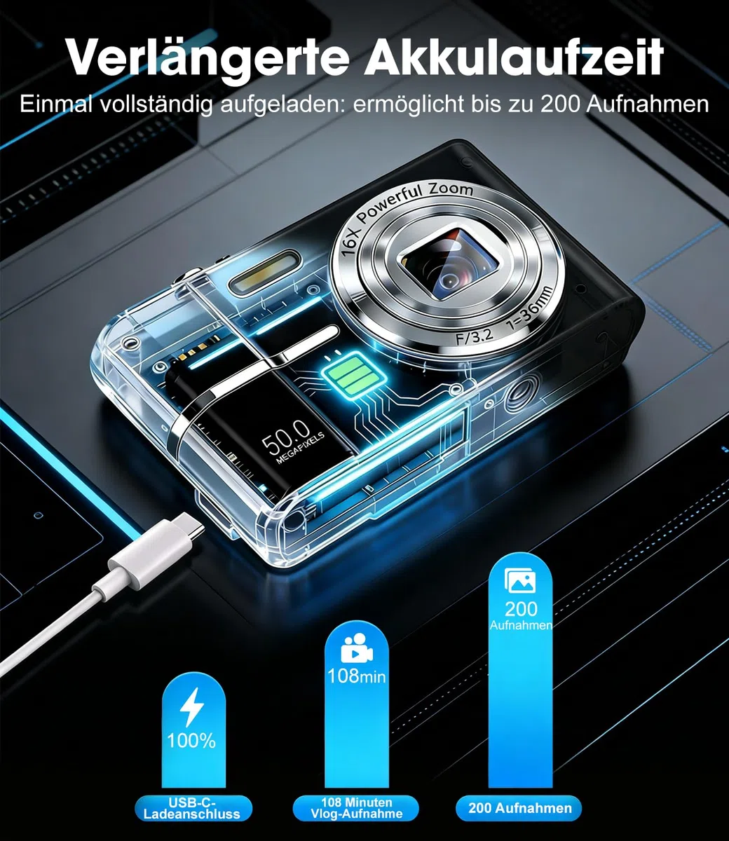 1080P Digitalkamera Autofokus 50MP Vlogging Kamera Anti-Shake 16X Zoom Compact Point and Shoot für Erwachsene Anfänger