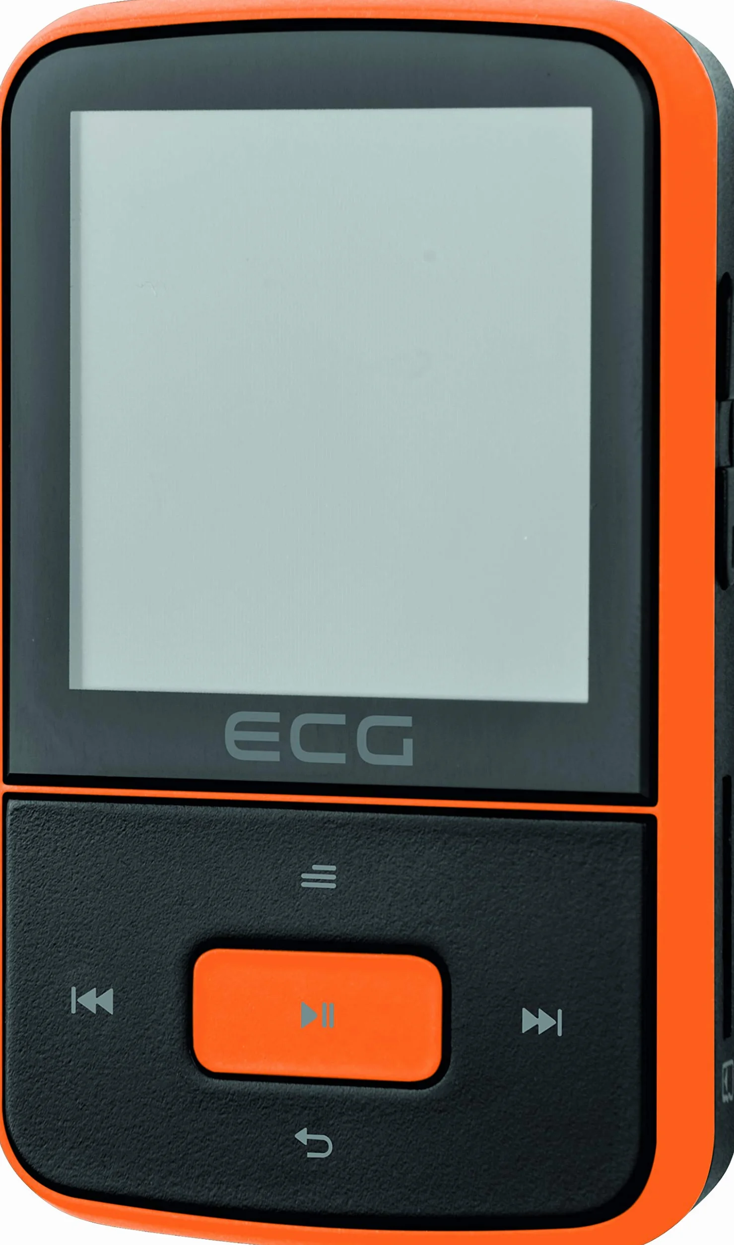 ECG PMP 30 8GB Black&Orange MP3/MP4-Player – Speicher 8 GB; 30 Vorwahlen für FM-Sender; MP3 von der Micro SD-Karte; Diktiergerät; Sportclip; Tastensperre; USB 2.0; In-Ear-Kopfhörer der Prämienreihe