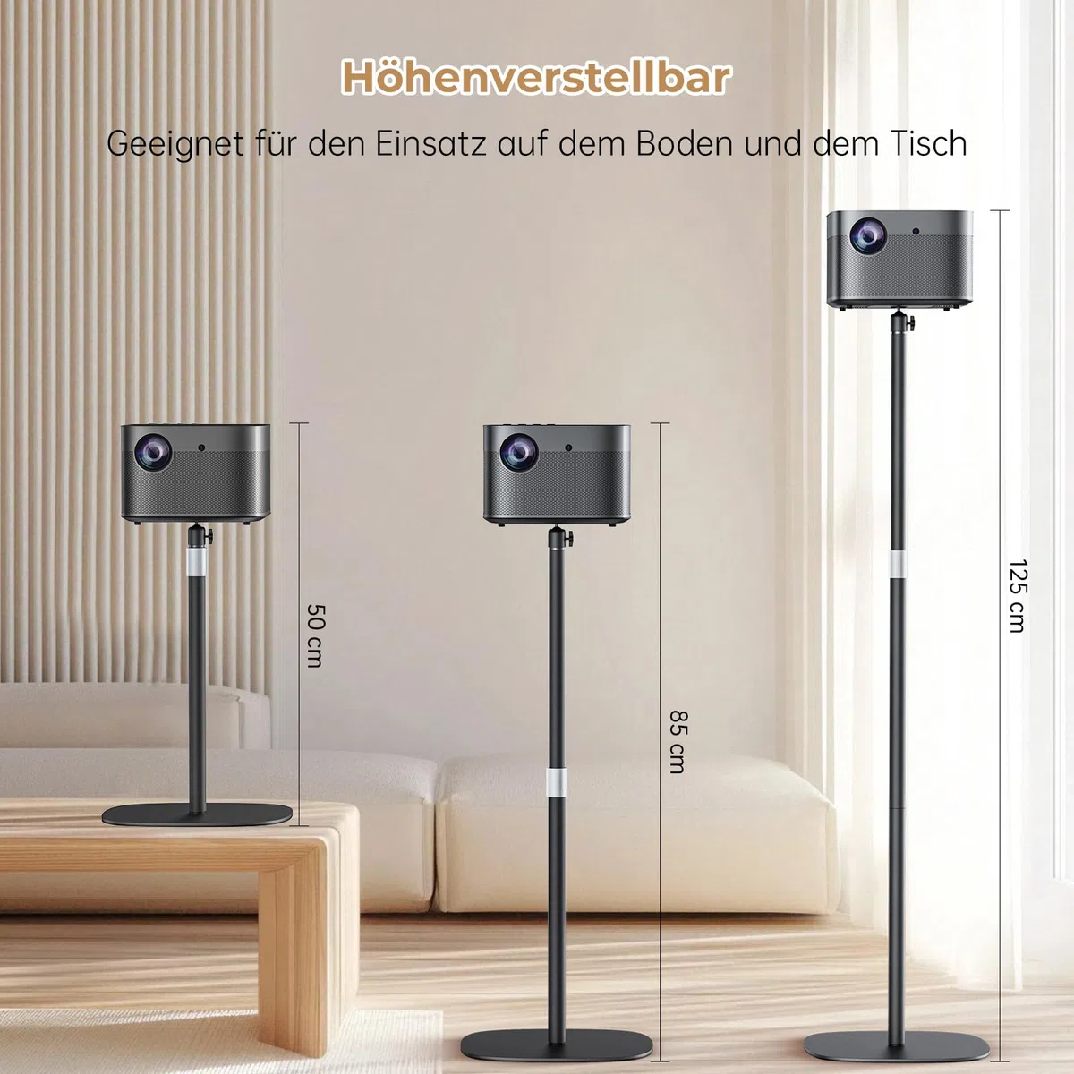 Metallischer Beamer ständer, höhenverstellbar 50–125 cm mit 360°Drehwinkel, Platzsparend, Hält bis zu 5 kg, kompatibel mit Projektoren, Kameras, Camcorder und mehr