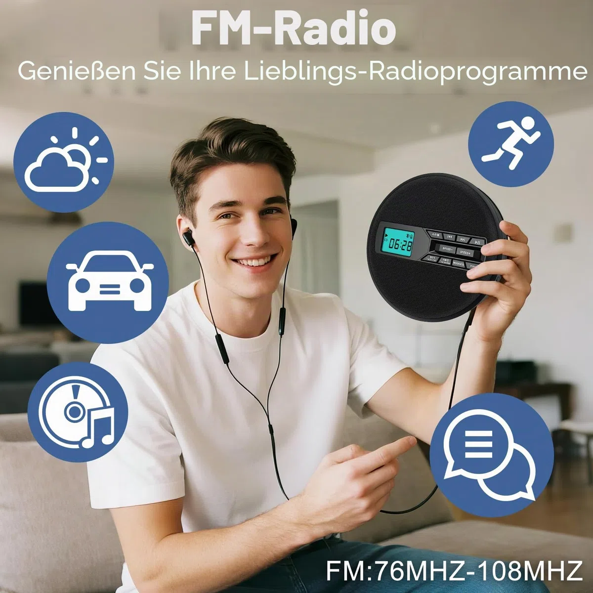 Tragbarer CD-Player mit Dual-Lautsprechern | Antischock, USB/AUX, LCD-Display | 5 EQ-Modi, A-B Repeat, 10 Geschwindigkeiten | Mobiler Musikplayer in Schwarz