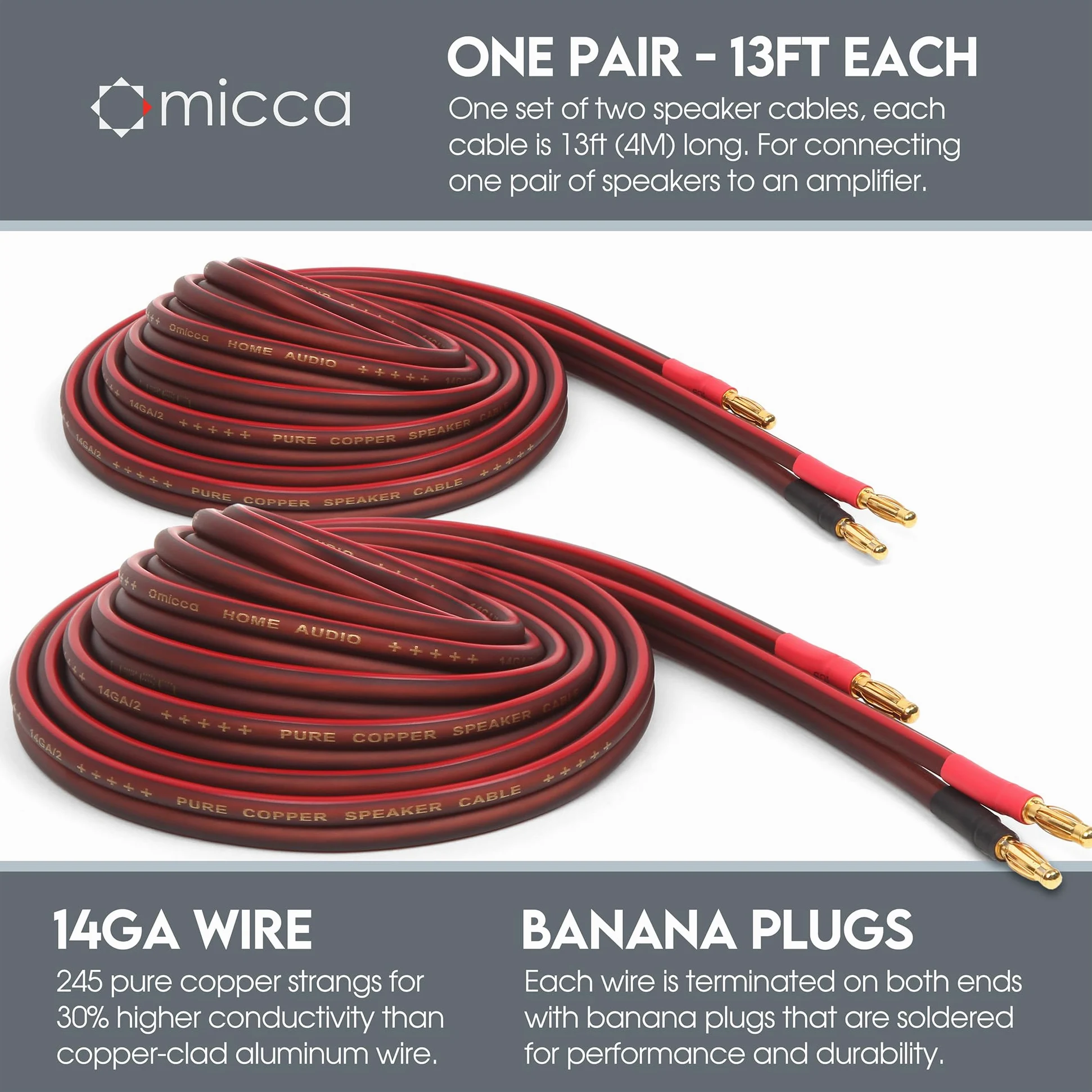 Micca Lautsprecherkabel aus reinem Kupfer, vergoldete Bananenstecker 12ft (4M)