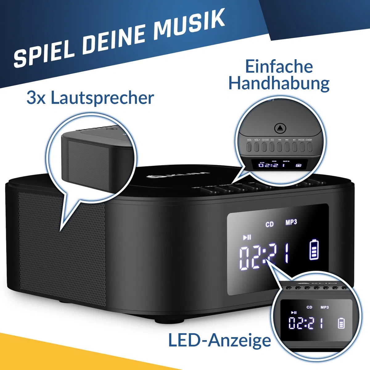 KLIM Boombox E1 Radio mit CD Player - BASS Boost mit Tieftöner - FM Radio, MP3, Bluetooth, AUX, USB, Kompakt Disc - CD Player tragbar mit kabellosem Modus und aufladbaren Akku - Mit Fernbedienung