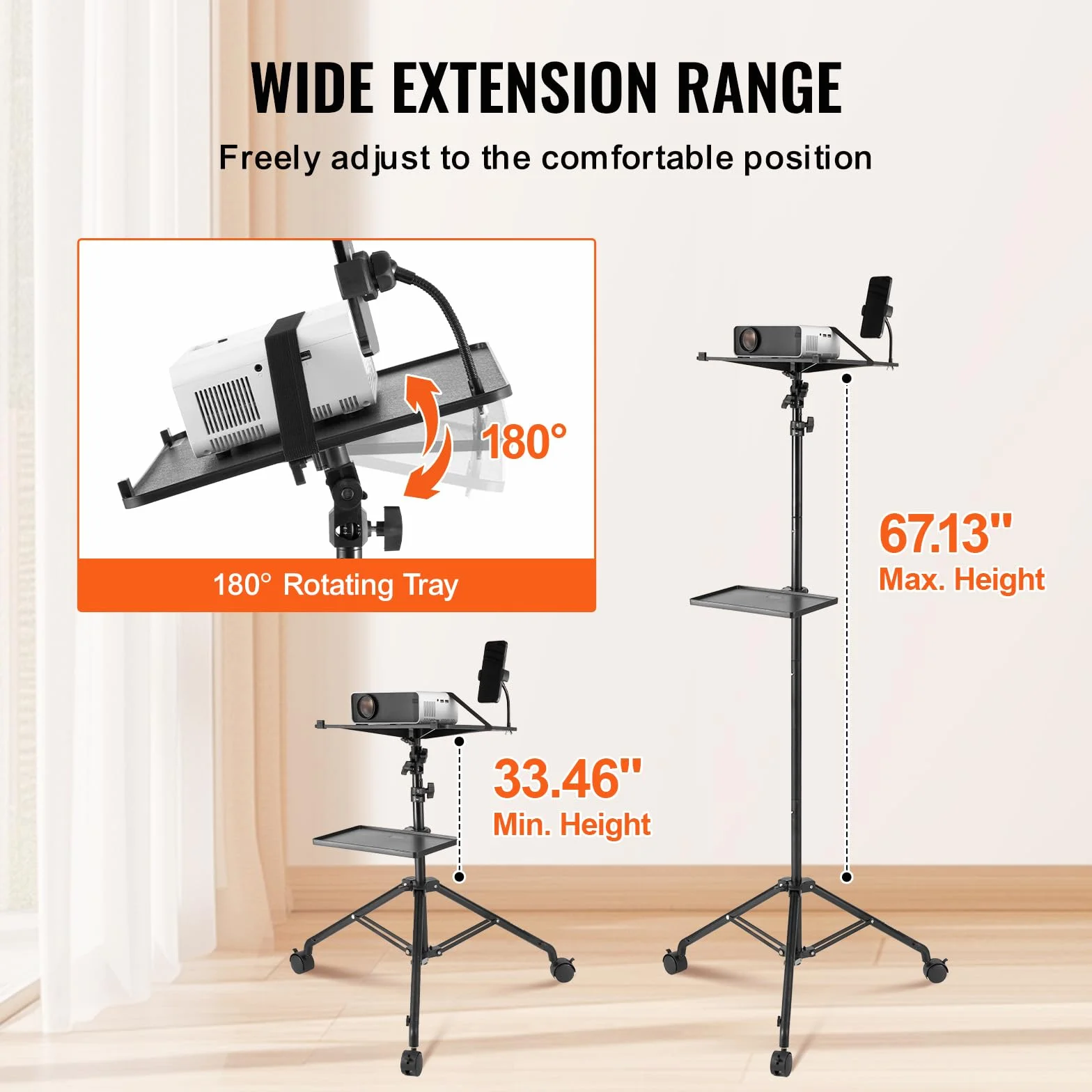 VEVOR Projektorständer mit Rädern Laptopständer-Stativ, höhenverstellbar von 795 bis 1710 mm, Projektor-Stativständer mit 2 Ablagen & Schwanenhals-Telefonhalterung, im Freien/Büro/Studio, zu Hause