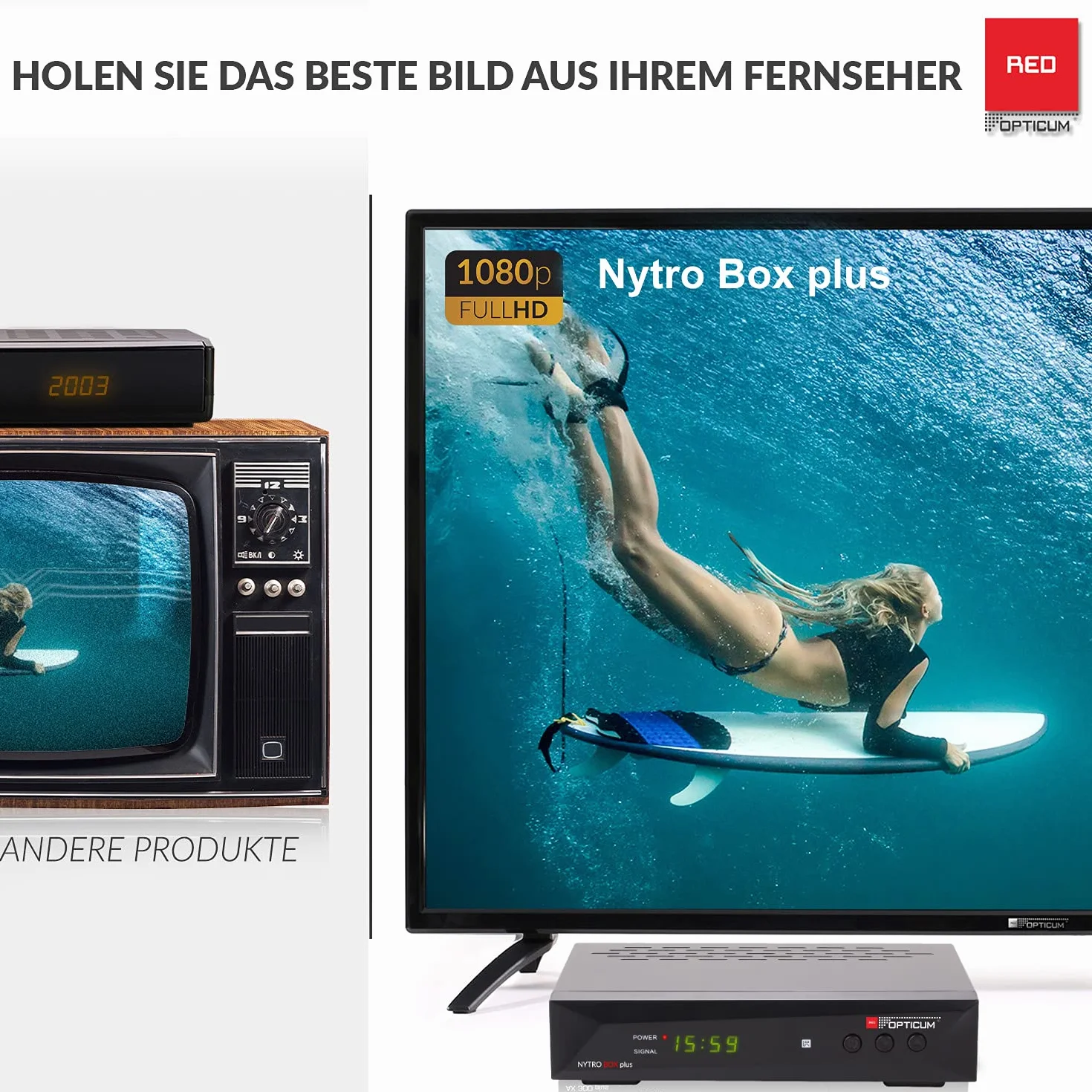RED OPTICUM 23025 Nytro Box Plus Hybrid-Receiver HD-TV I DVB-C & DVB-T2 Receiver mit Aufnahmefunktion PVR - HDMI - USB - SCART - Coaxial Audio - Ethernet - LED Display I Digitaler Kabelreceiver