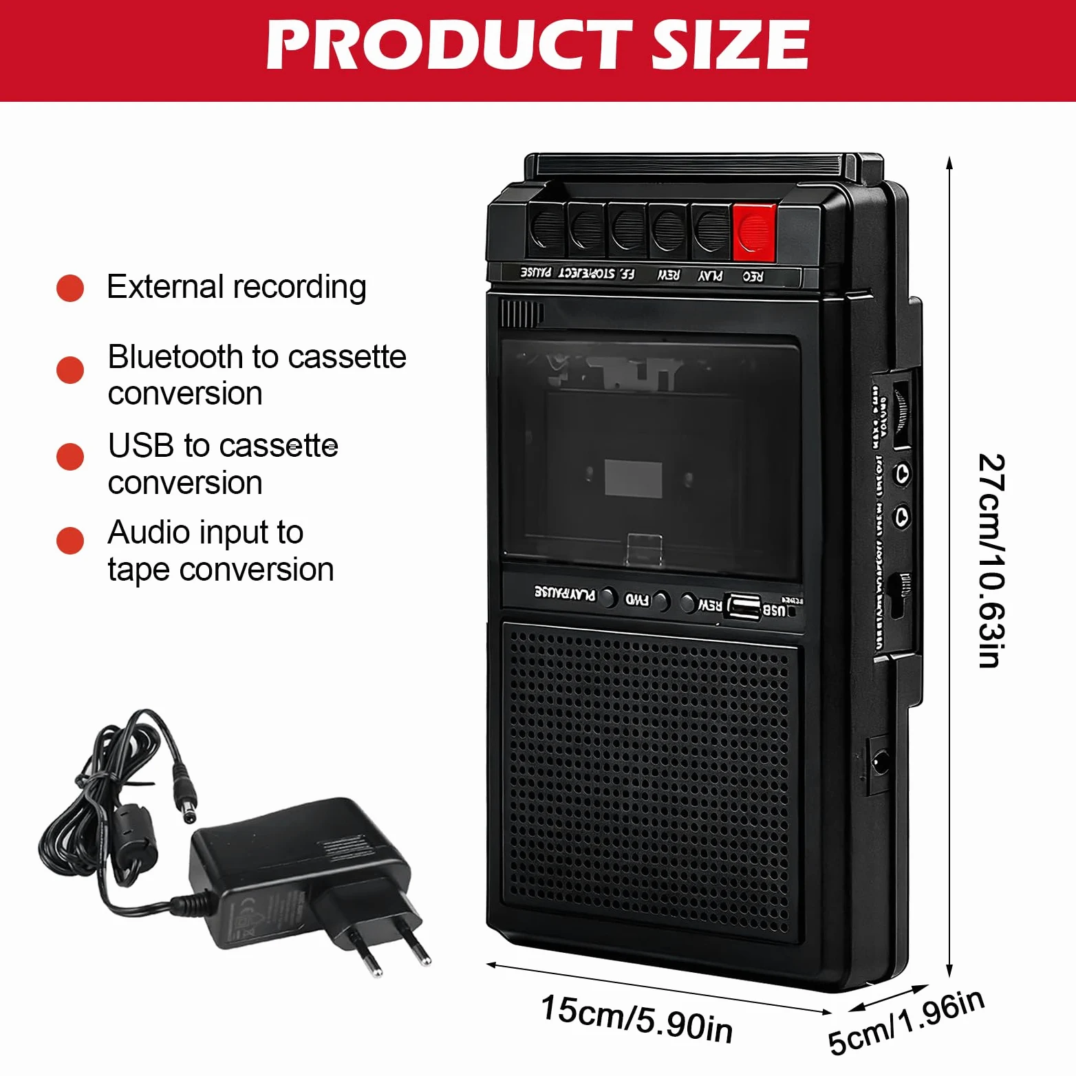 Tragbarer Kassettenrekorder Retro, Kassettenspieler Bluetooth mit Aufnahmefunktion, Kassetten Digitalisieren über USB & Audio, Mobiler Kassettenspieler mit Dual-Stromversorgung