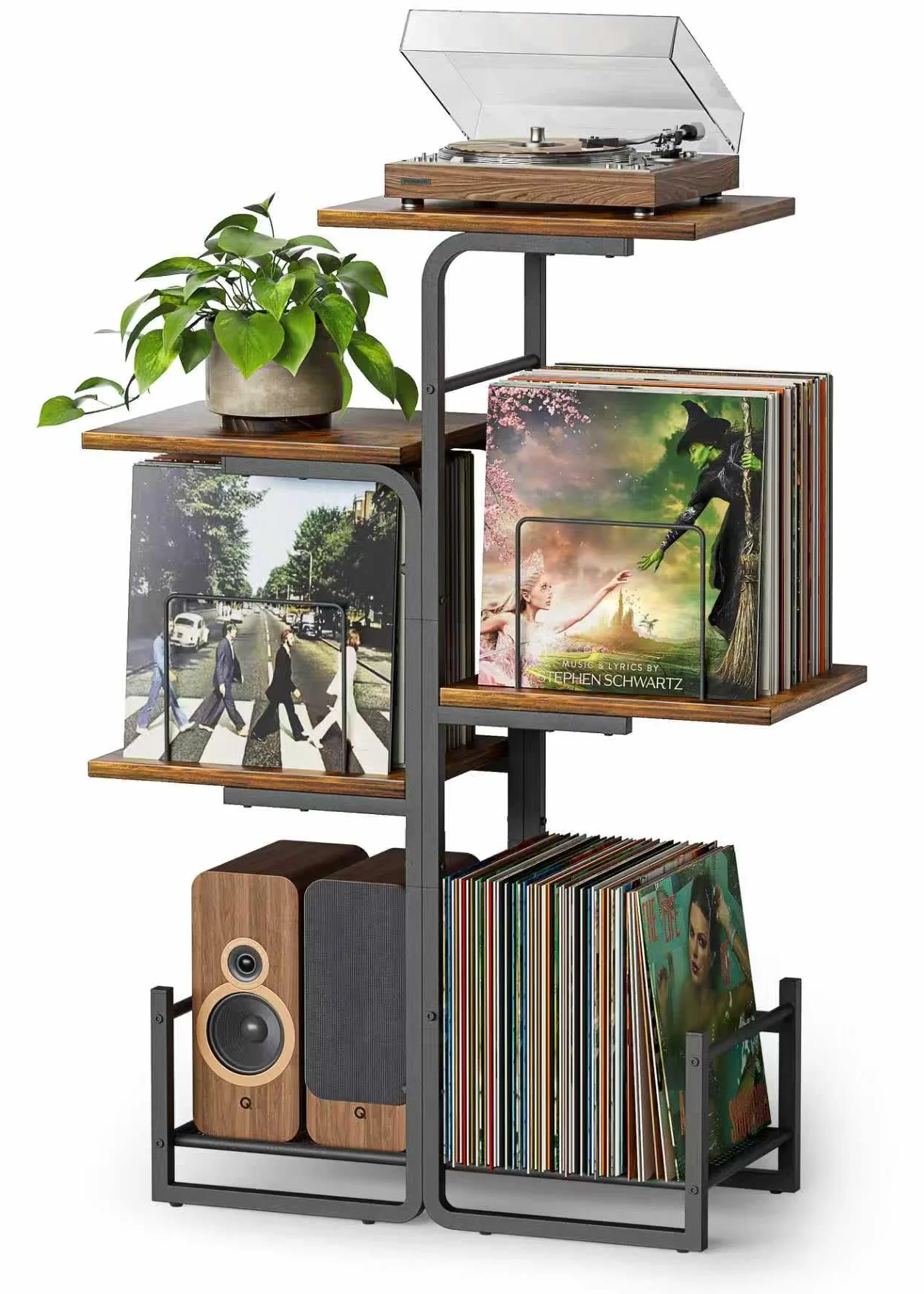 Bikoney Plattenspieler Ständer mit großem Vinyl Stauraum, Vintage Turntable Tisch mit LP Ablage & Schallplatten Display, Pflanzendesign Plattenschrank für Wohnzimmer, Schlafzimmer & kleine Räume
