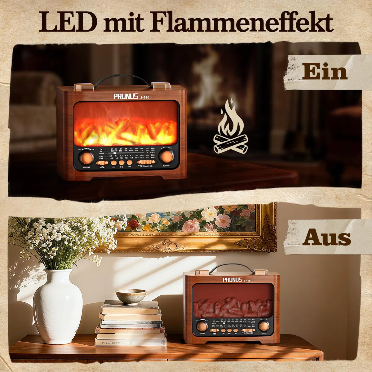 PRUNUS J-196 AM/FM/SW Retro Radio mit Bluetooth | Nostalgie Radio mit Akku 1800mAh | Transistorradio Küchenradio für Zuhause | Flammen-LED | USB/TF Slot | großem 8W-Lautsprecher | Vintage-Dekoration