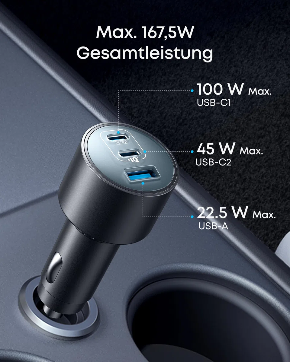 Anker 167,5W max. Zigarettenanzünder USB C, 3 Port kompaktes Typ-C Auto Ladegerät, Kfz-Ladegerät für MacBook Pro/Air, iPhone 17/16/15/14/13 Serie, Samsung S26 / S25, iPad Pro, AirPods und weitere