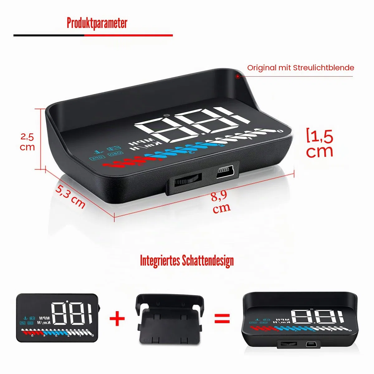 Head Up Display Auto HUD Anzeige OBD2 & HUD GPS Anzeige, iKiKin 3,5 Zoll Kopf-Display, Tachometer, Auto Tachometer, Motorgeschwindigkeit Sicherheitsalarm