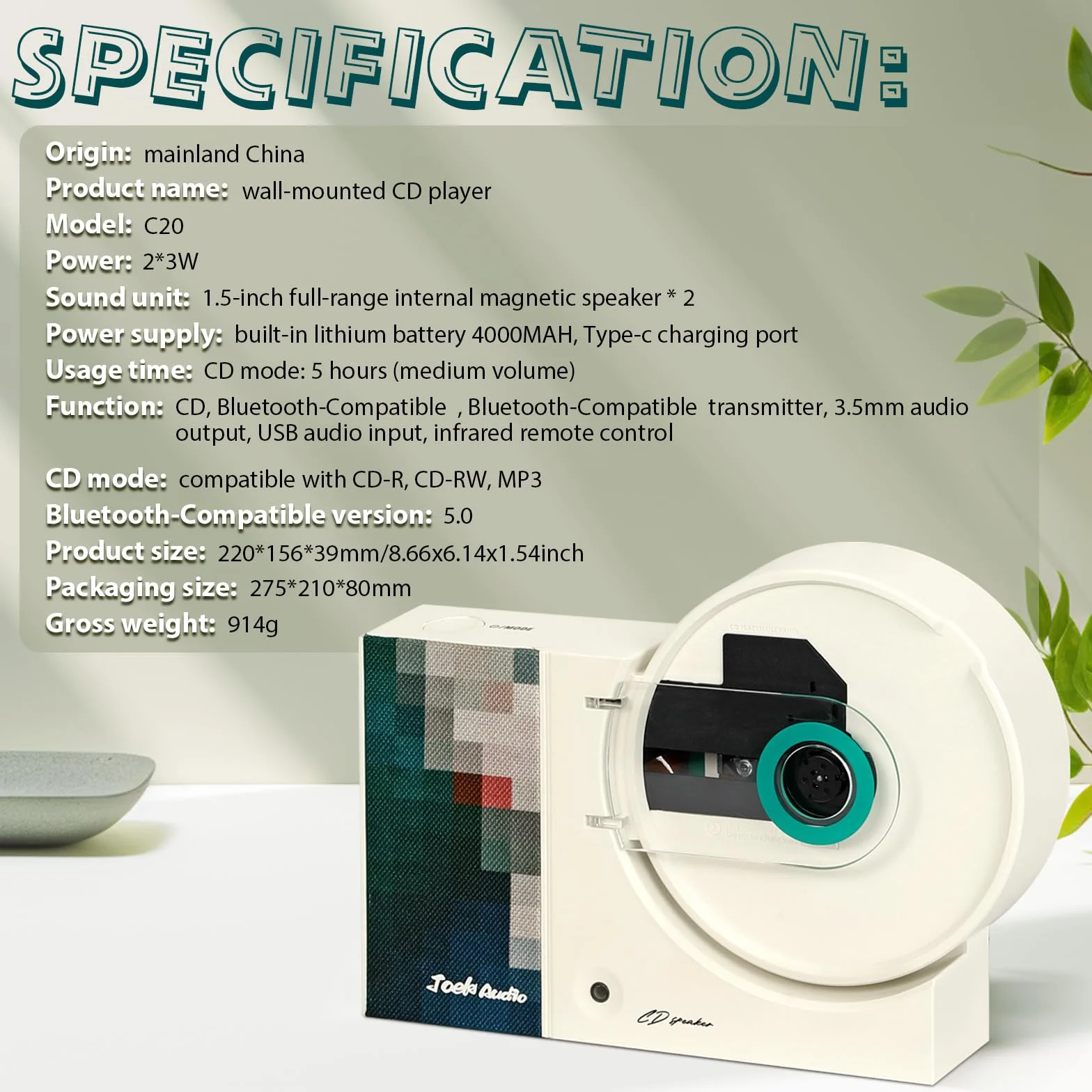 Wandmontierbarer Retro-CD-Payer-Musik-Player, USB, Bluetooth-kompatibel, AUX-Eingang, Heim-Audio-Lautsprecher, 4000 mAh, mit Fernbedienung, für Heimdekoration (grün)