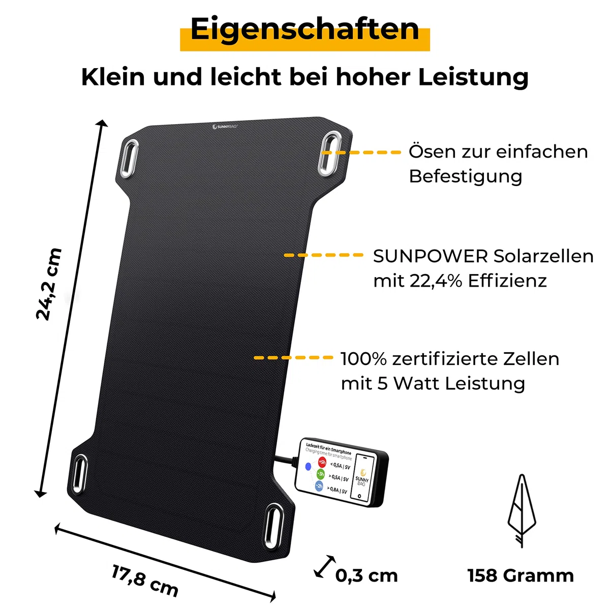 Sunnybag Leaf mini | 5 Watt Tragbares Solarpanel | Wasserfest, Ultraleicht 158g | Solarladegerät USB-Anschluss für Smartphone | Für Wandern, Camping
