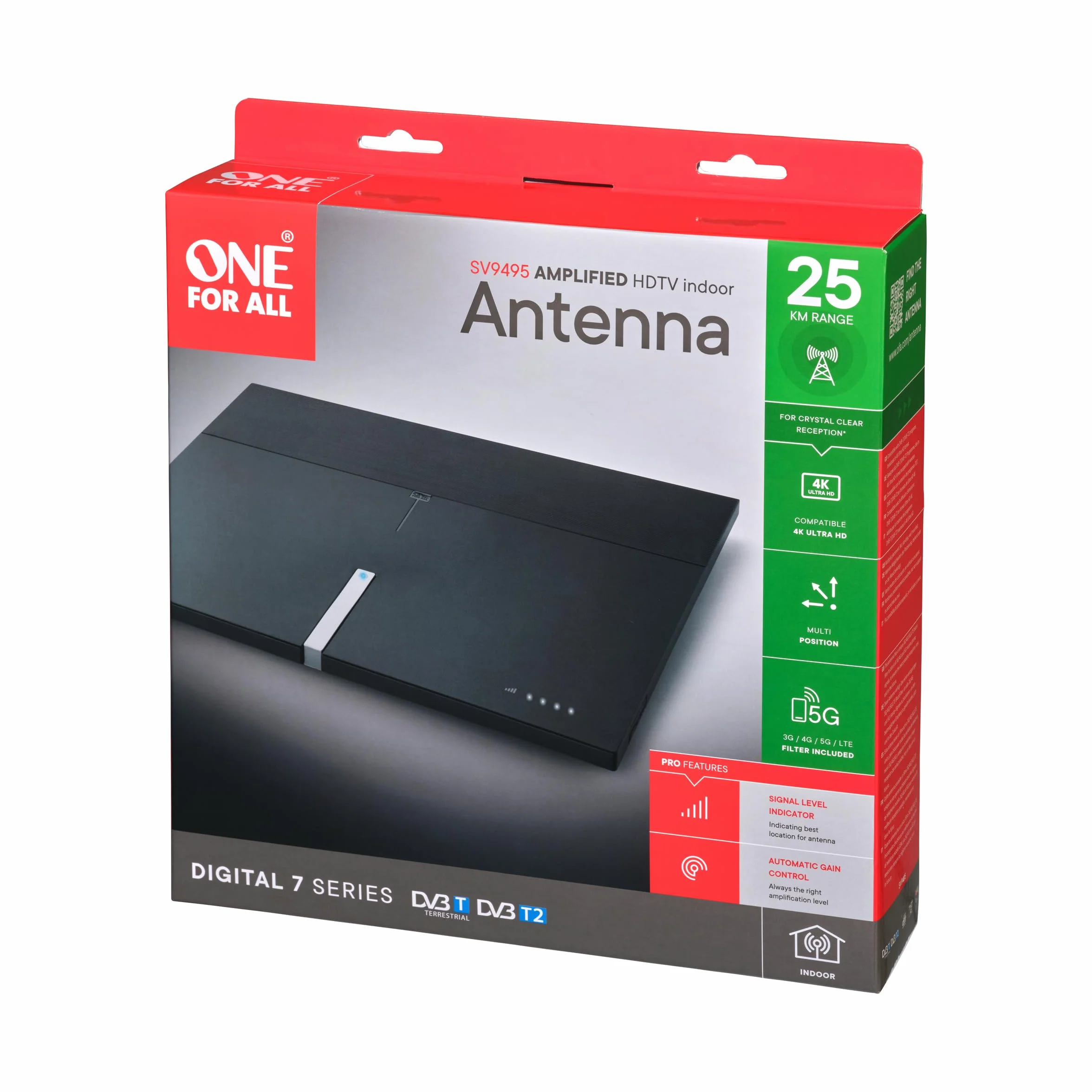 One For All – 3G/4G/5G-blockfilter –DVB-T2 Zimmerantenne– Digital-TV 4K Ultra HD – Automatische Verstärkungsregelung– 0 bis 25 km Reichweite – Schwarz – SV9495-5G