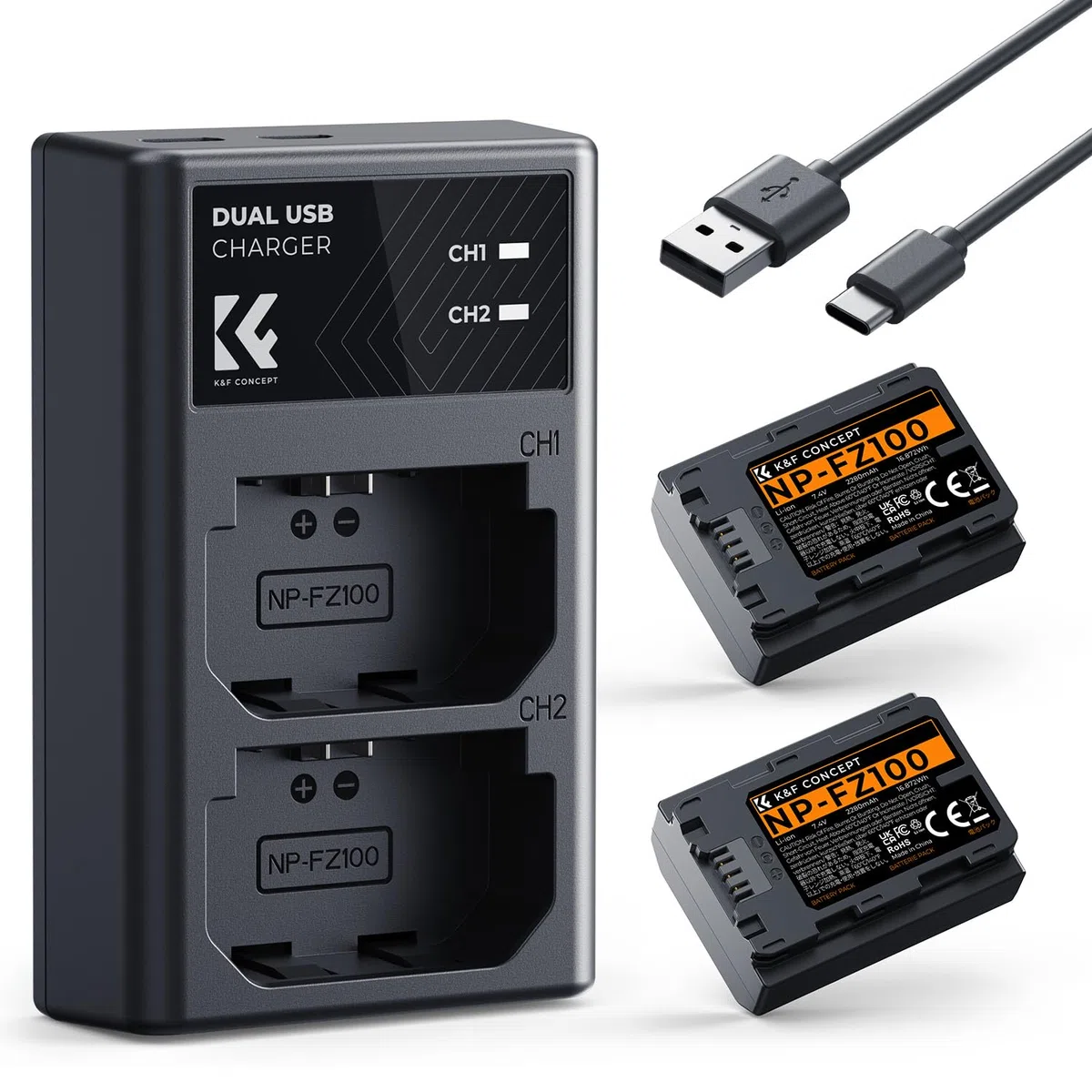 K&F CONCEPT NP-FZ100 Kamera Akku,2er Pack 2280mAh Kameraakku USB Dual Ladegerät für Sony Alpha 9, A9, Alpha 9R, A9R, Alpha 9S, A9S, A7RIII A7R3, A7 III, A7R4, A7RIV ZV-E10ii Digitalkameras