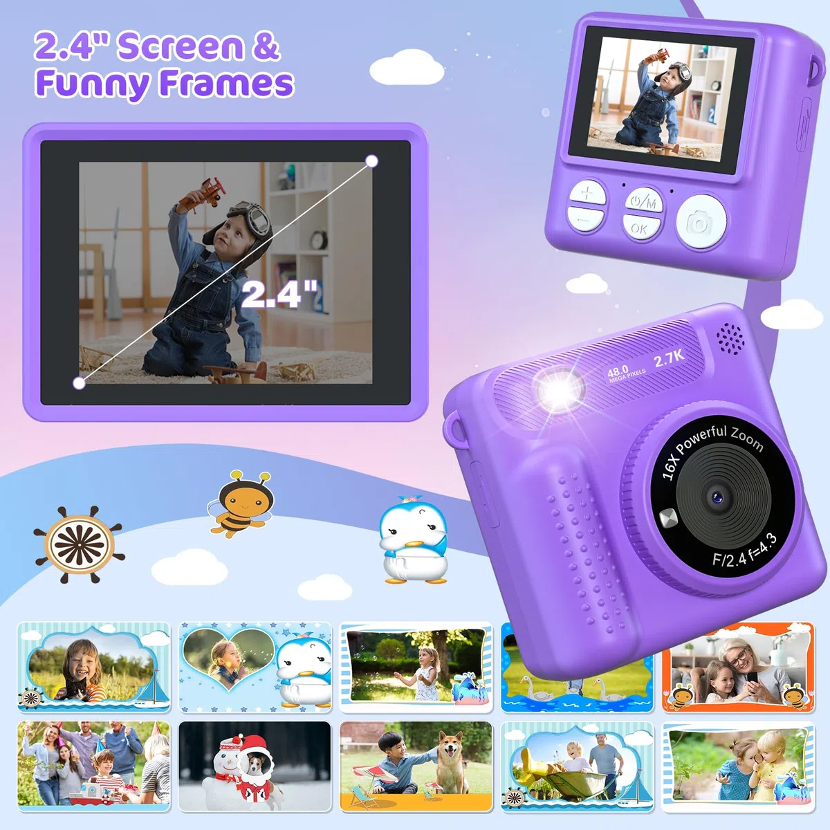 VATOS Kinderkamera Sofortbildkamera 2.4" 1080P 32GB Wiederaufladbare Digitalkamera mit Musik-Player