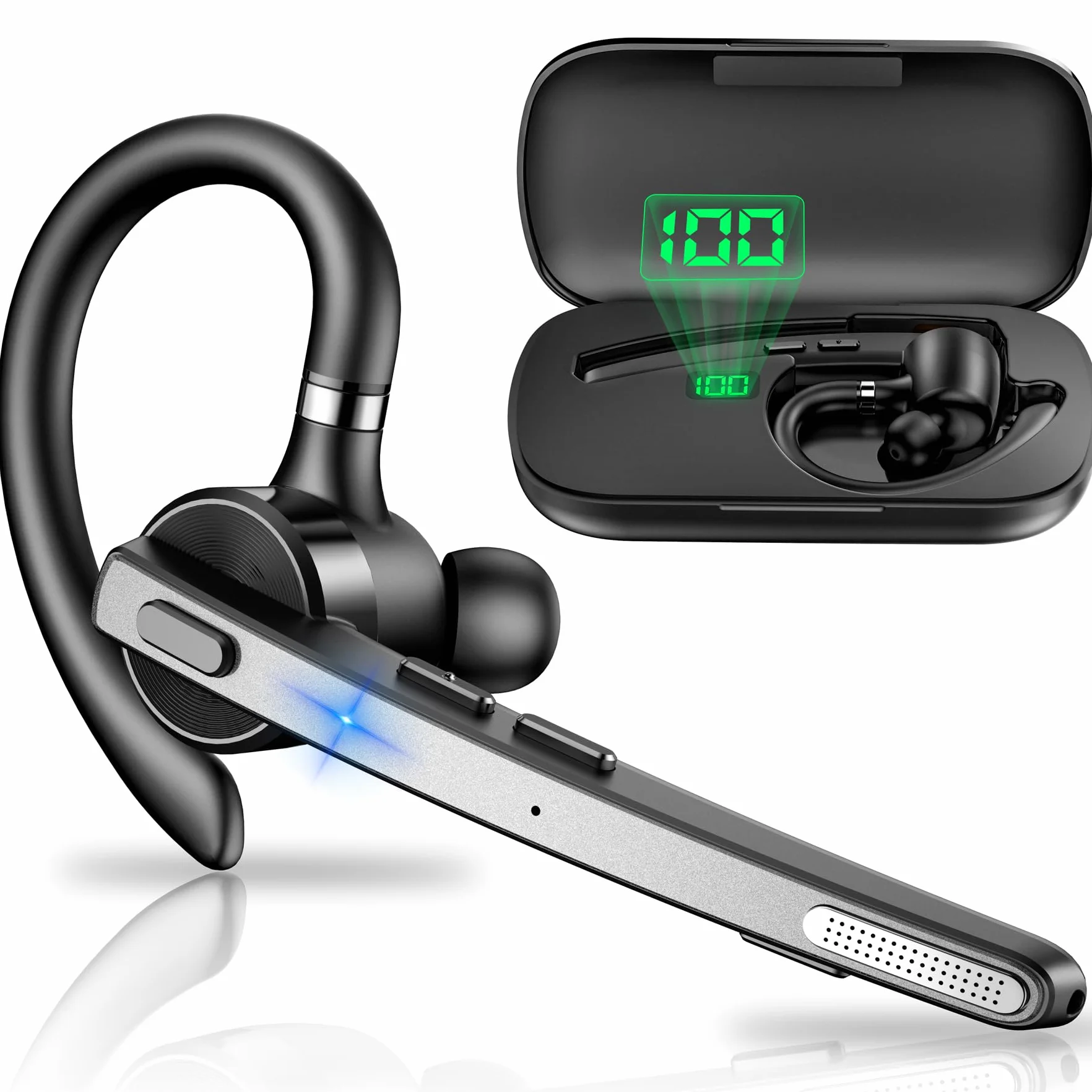 New Bee Bluetooth Headset, V5.1 Wireless Freisprech Headset mit 72h Spielzeit und CVC 8.0 Dual ENC Geräuschunterdrückung Mikrofon, Bluetooth-Ohrhörer mit Ladecase für iPhone/Android/Laptop