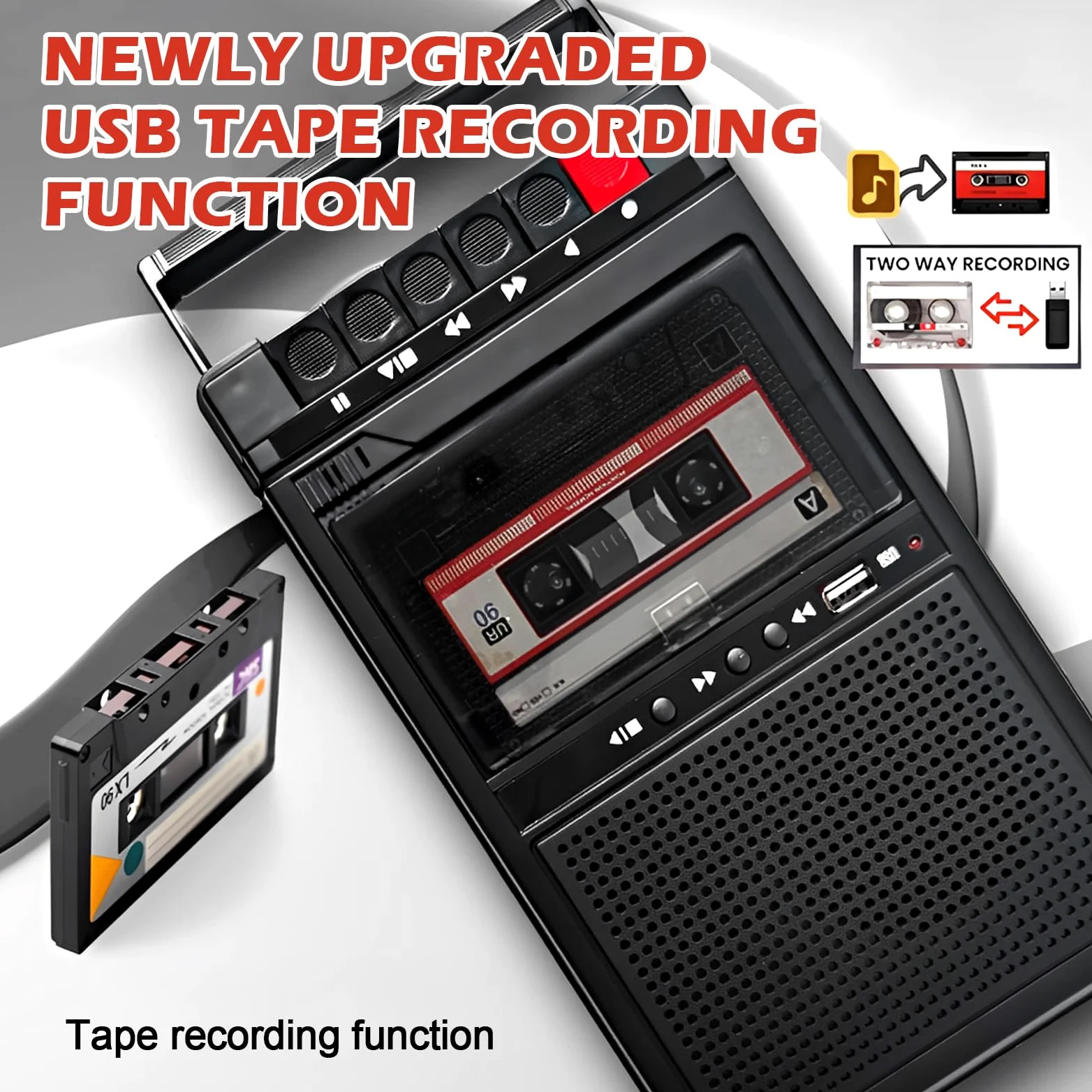 Tragbarer Kassettenrekorder Retro, Kassettenspieler Bluetooth mit Aufnahmefunktion, Kassetten Digitalisieren über USB & Audio, Mobiler Kassettenspieler mit Dual-Stromversorgung