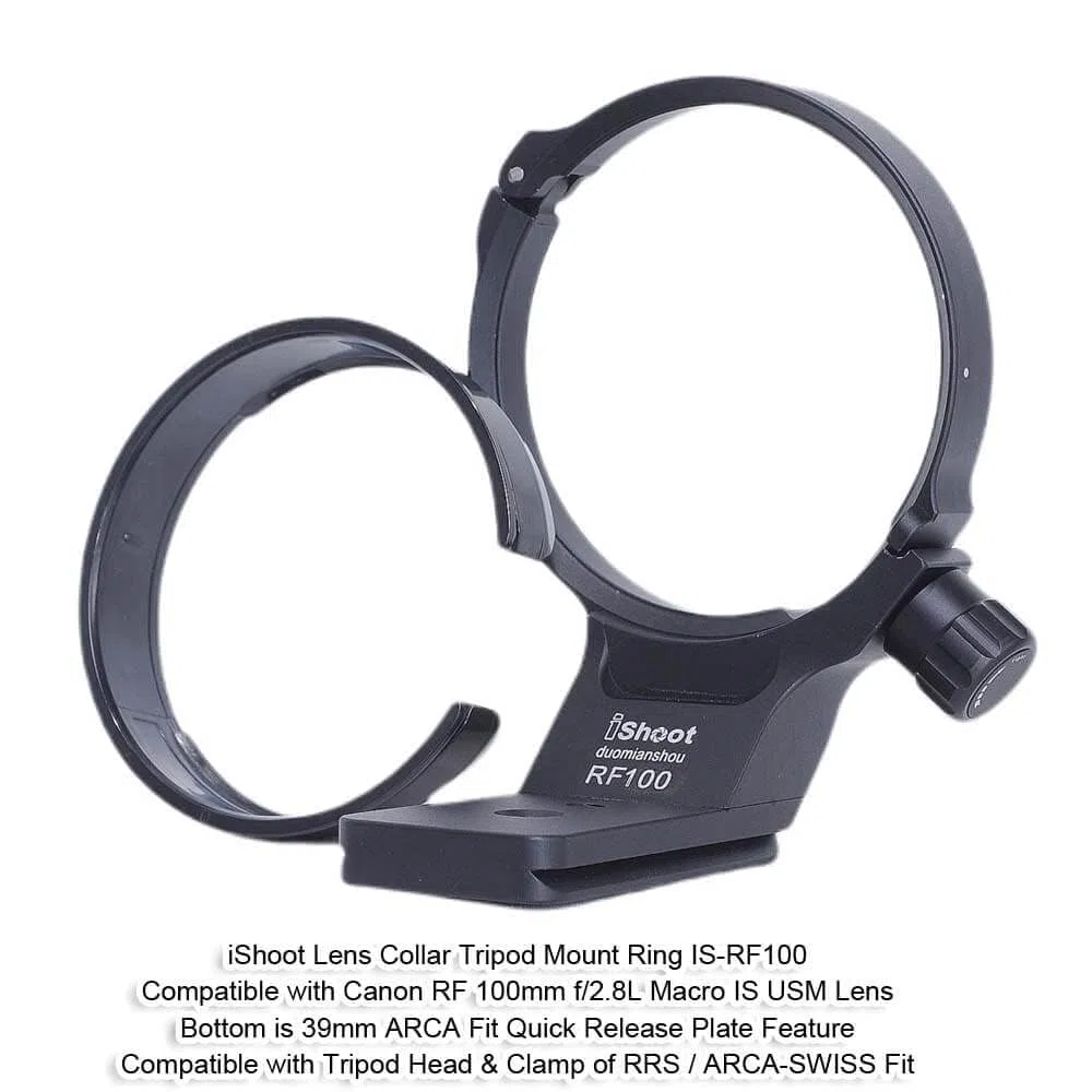 iShoot Objektivhalsband-Stativhalterungsring, kompatibel mit Canon RF 100 mm f/2.8L Makro IS USM, Objektivstütze, Halterung unten ist Arca-Swiss Fit Schnellwechselplatte für