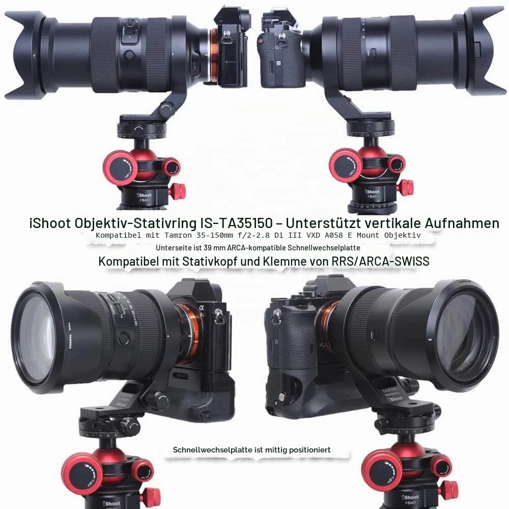 iShoot Metall-Objektiv-Stativ-Halterungsring kompatibel mit Tamron 35-150 mm f/2-2.8 Di III VXD A058 E Mount, Objektivstütz-Halterung unten ist Arca-Swiss Fit Schnellwechselplatte Schwalbenschwanznut