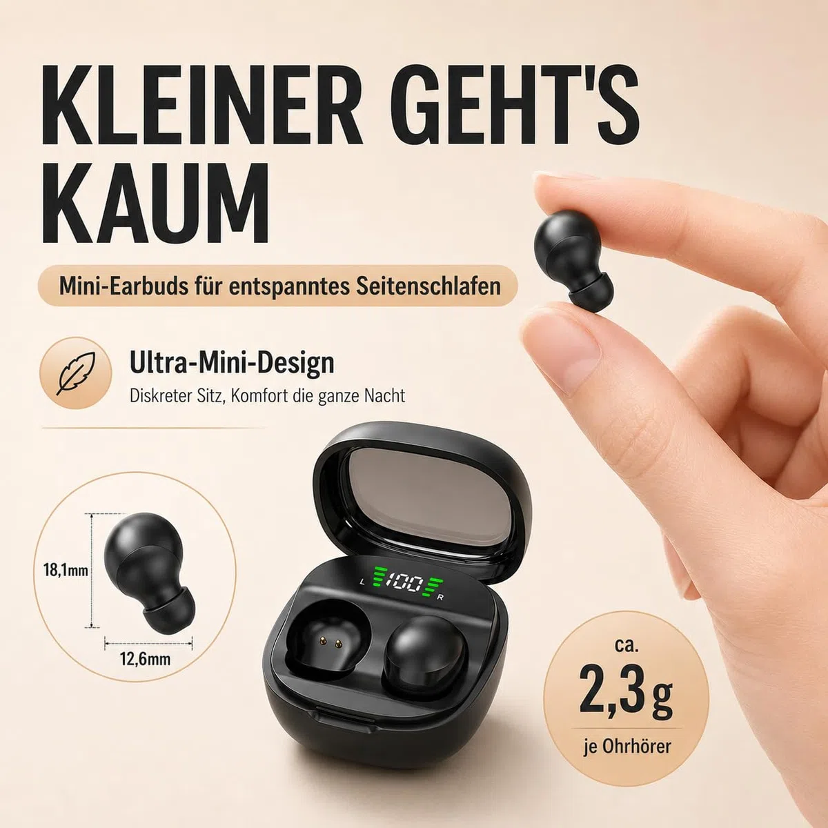 Micool Unsichtbarer Schlaf-kabelloser Kopfhörer, wasserdichte Bluetooth-Ohrhörer, leichte Schlafkopfhörer Bluetooth, schmerzlose, unsichtbare Schlaf-Kopfhörer für empfindlichen Schlaf, lange