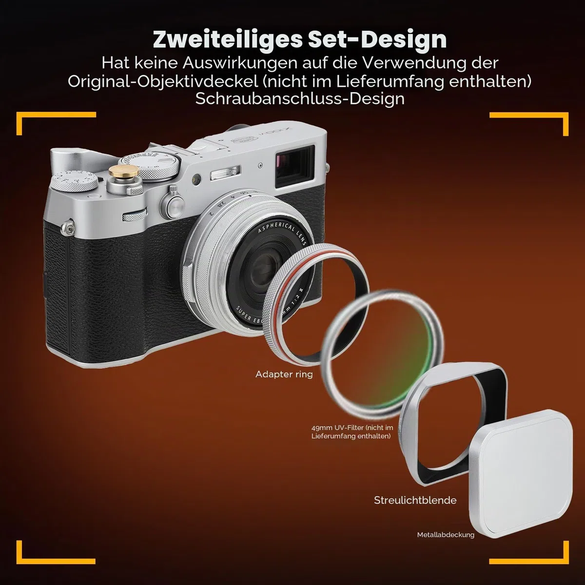 Haoge LH-X200S Gegenlichtblende aus Metall, quadratisch, mit 49 mm Adapterring, Metallkappe für Fujifilm X100VI Fuji X100V X100F X100T X100S X70 Kamerazubehör, Silber