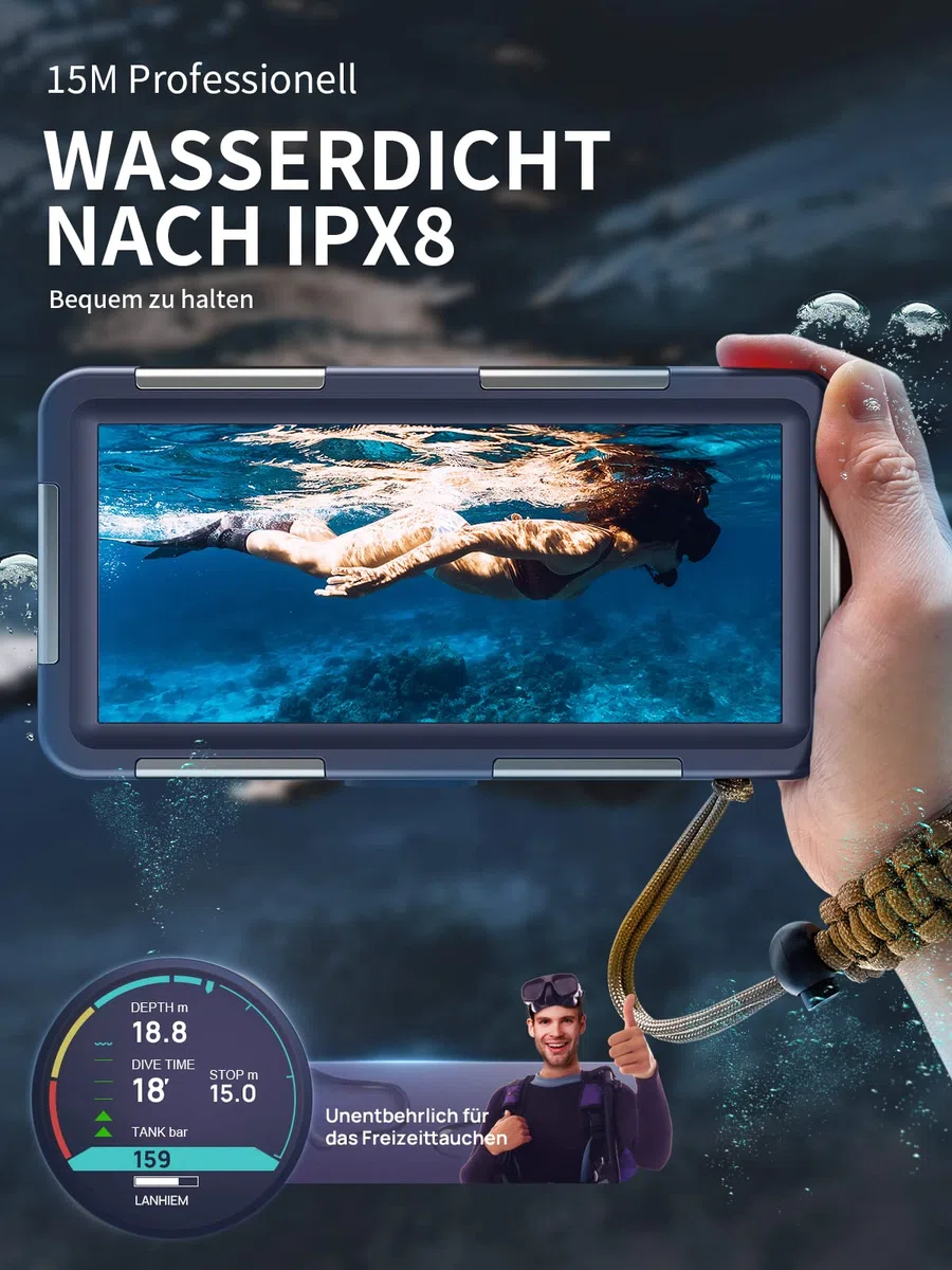 Lanhiem Wasserdicht Handyhülle IPX8 Universelle Tauchen Professionelle Handy Unterwasser Hülle Wasserfeste tief 15M Handytasche für iPhone Samsung Huawei Xiaomi Redmi, Tauchen Schnorcheln Surfen Case