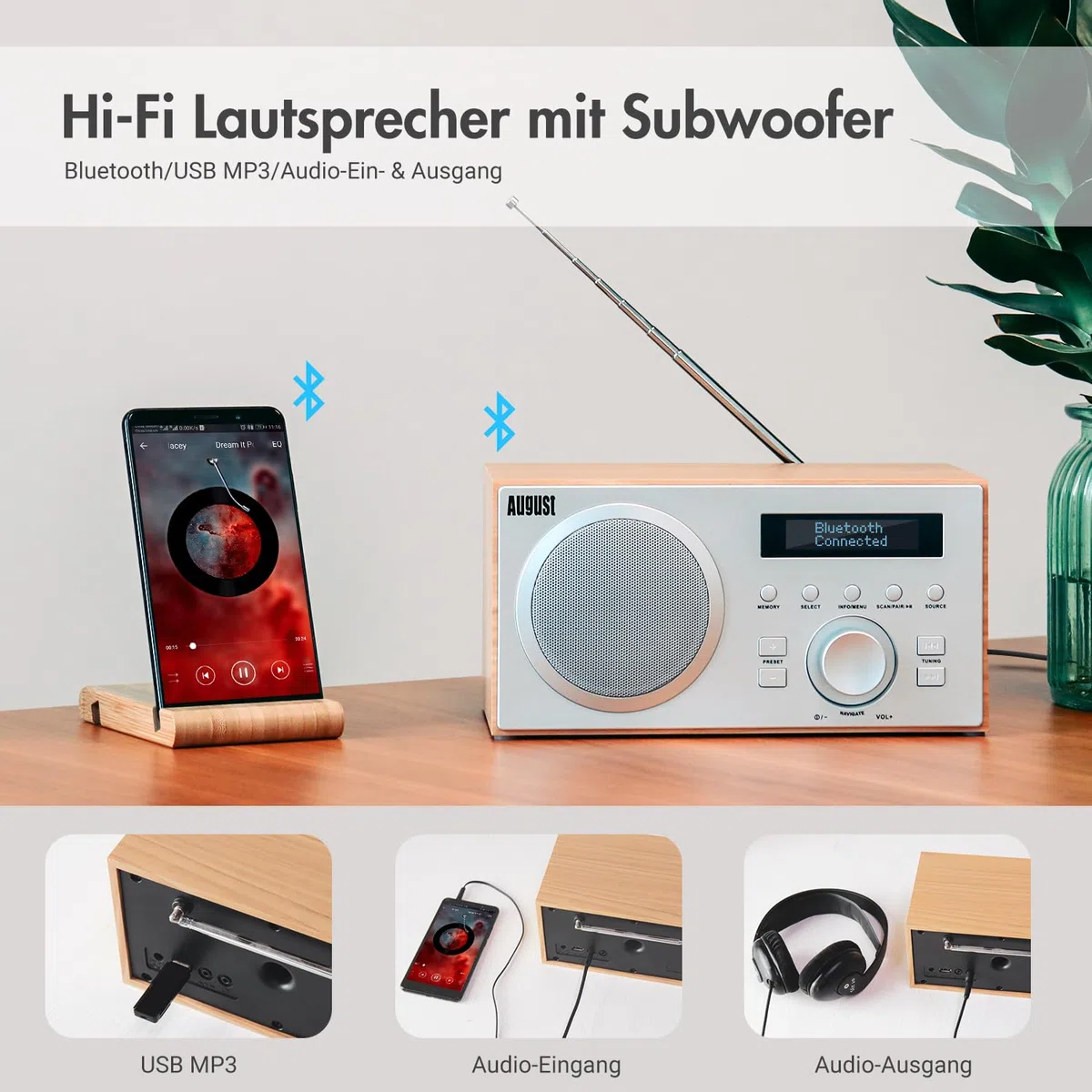 August MB420 DAB+/FM Radio mit Bluetooth digitales Küchenradio mit Holzgehäuse mit RDS-Funktion 60 Presets Hifi Lautsprecher 5W - Radiowecker mit Sleeptimer Alarm Snooze - USB/Aux-In/Aux-Out