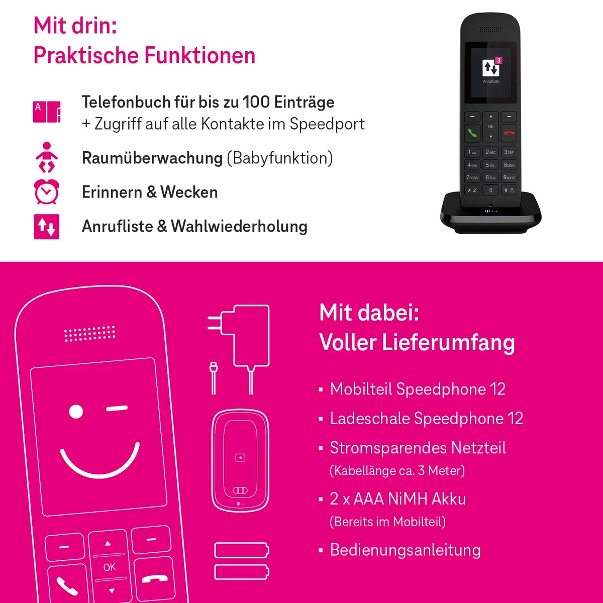 Telekom Speedphone 12 schnurloses DECT Telefon mit Farbdisplay HD Voice Freisprechen für Speedport Smart Pro