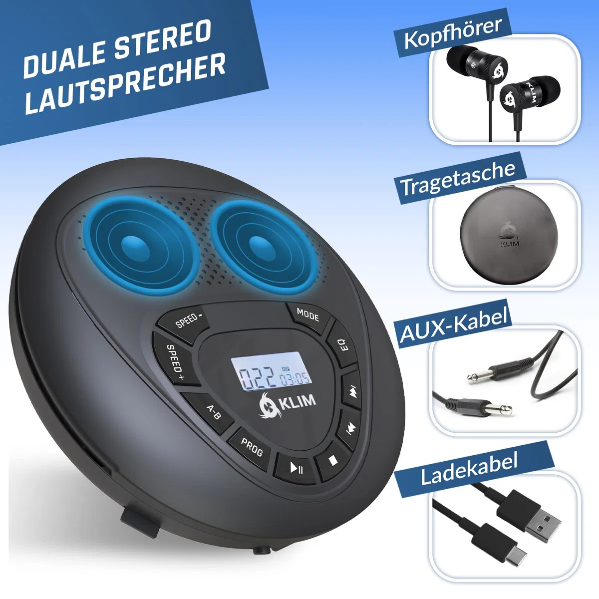 KLIM Speaker - CD Player mit Lautsprecher - NEU - Wiederaufladbarer Akku - Tragbarer CD-Spieler mit Kopfhörern - SD/TF-Karte - AUX - Idealer Auto-CD-Spieler - CD Player tragbar mit Lautsprecher
