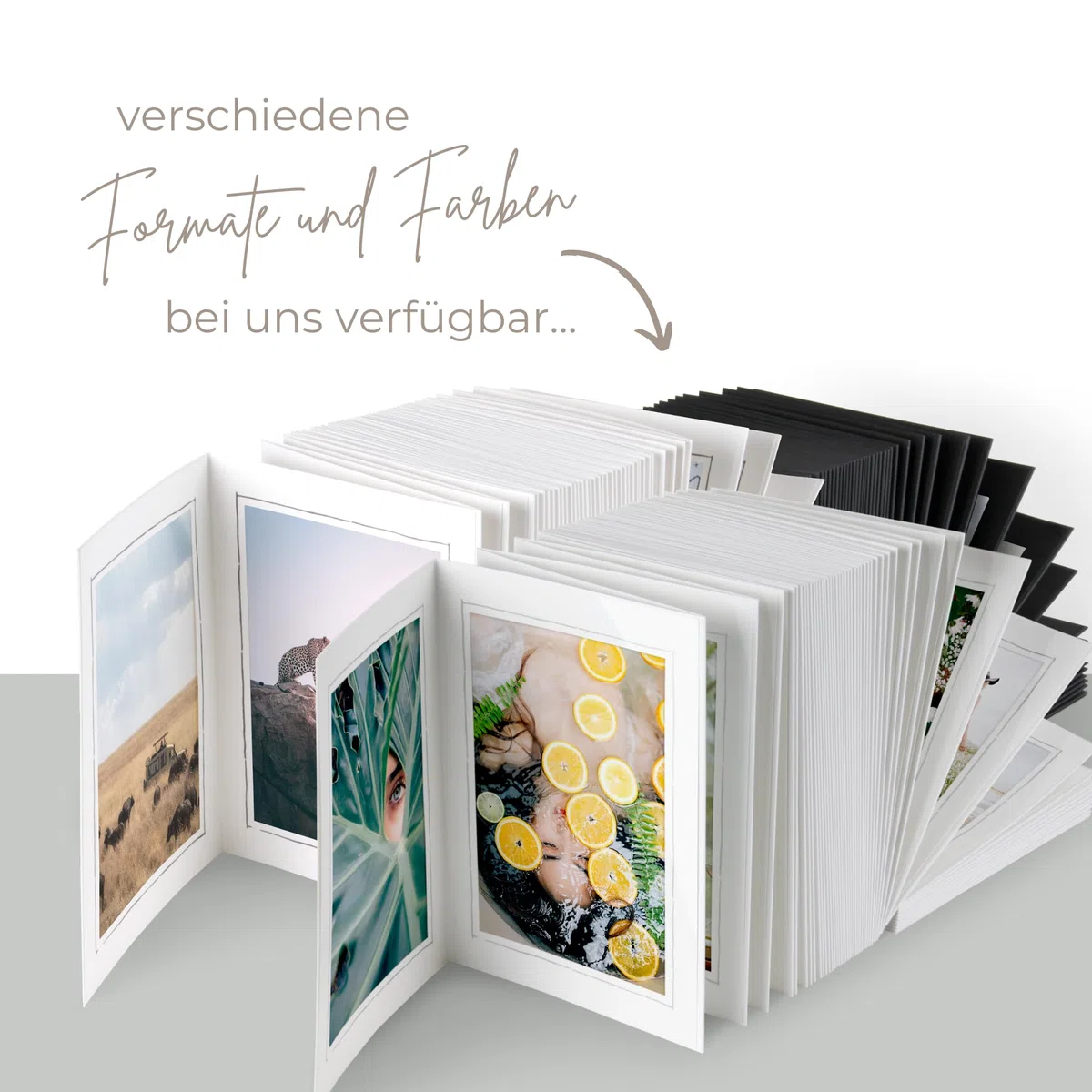 100er Endlos-Leporello 18x24 cm, Leinenkarton weiß, Passepartout für Fotos im Format 15x20 cm, Fotoblock Fotogeschenk