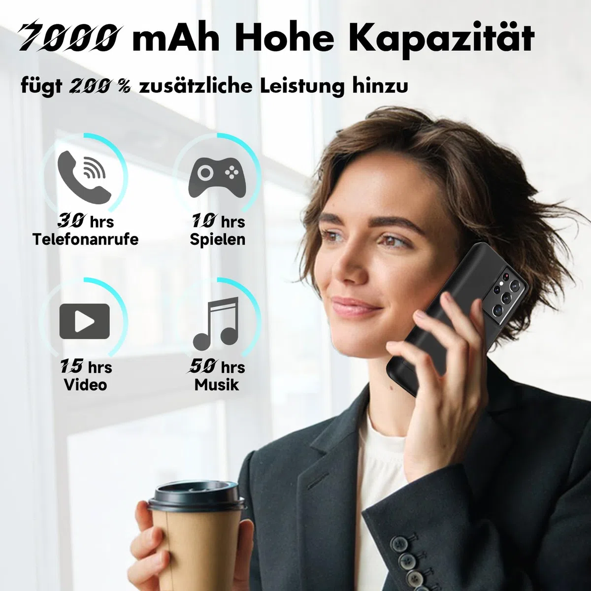 Akkuhülle für Samsung Galaxy S21 Ultra, 5000mAh, Schlanke Wiederaufladbare Ladehülle Erweiterte Ladehülle mit Standfuß,Tragbare Powerbank für Samsung Galaxy S21 Ultra 5G (6,8 Zoll), Schwarz