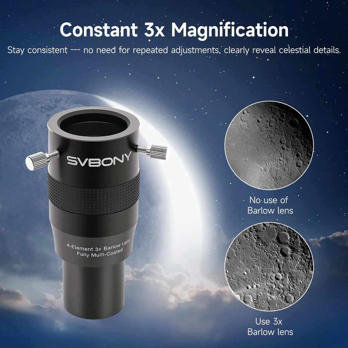 Svbony SV216 Barlowlinse 3X, 1,25 Zoll Metall Barlow 4-Elemente Apochromatisches FMC Teleskoplinse für Teleskopokulare Planetenbeobachtung